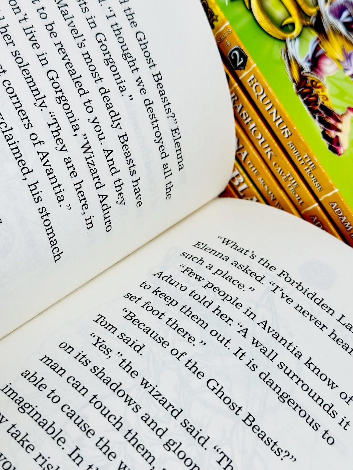 Inside page spread from a Beast Quest Series 4 paperback showing chapter text and illustration