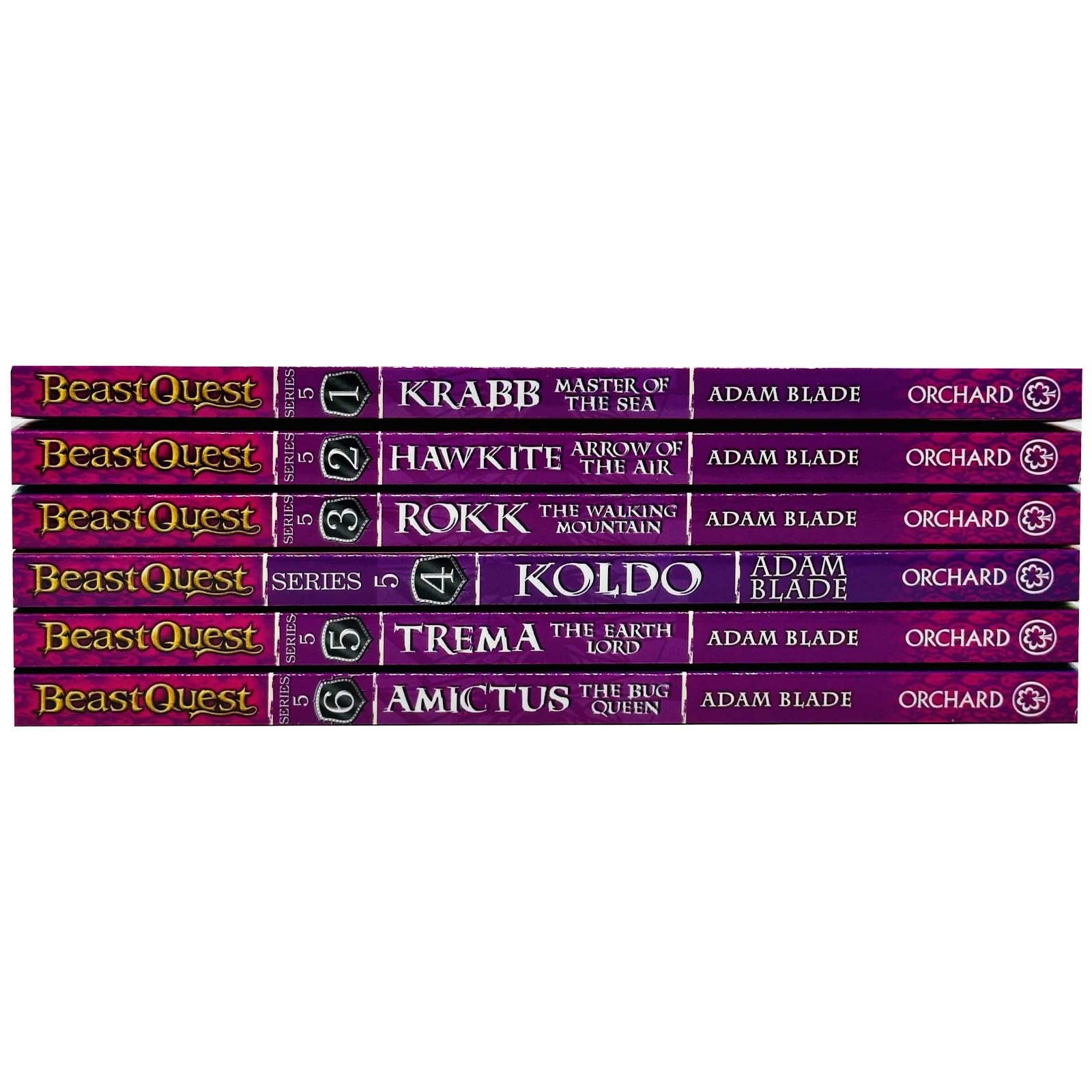 Close-up of individual Beast Quest Series 5 paperback book covers including Amictus the Bug Queen and Koldo the Arctic Warrior