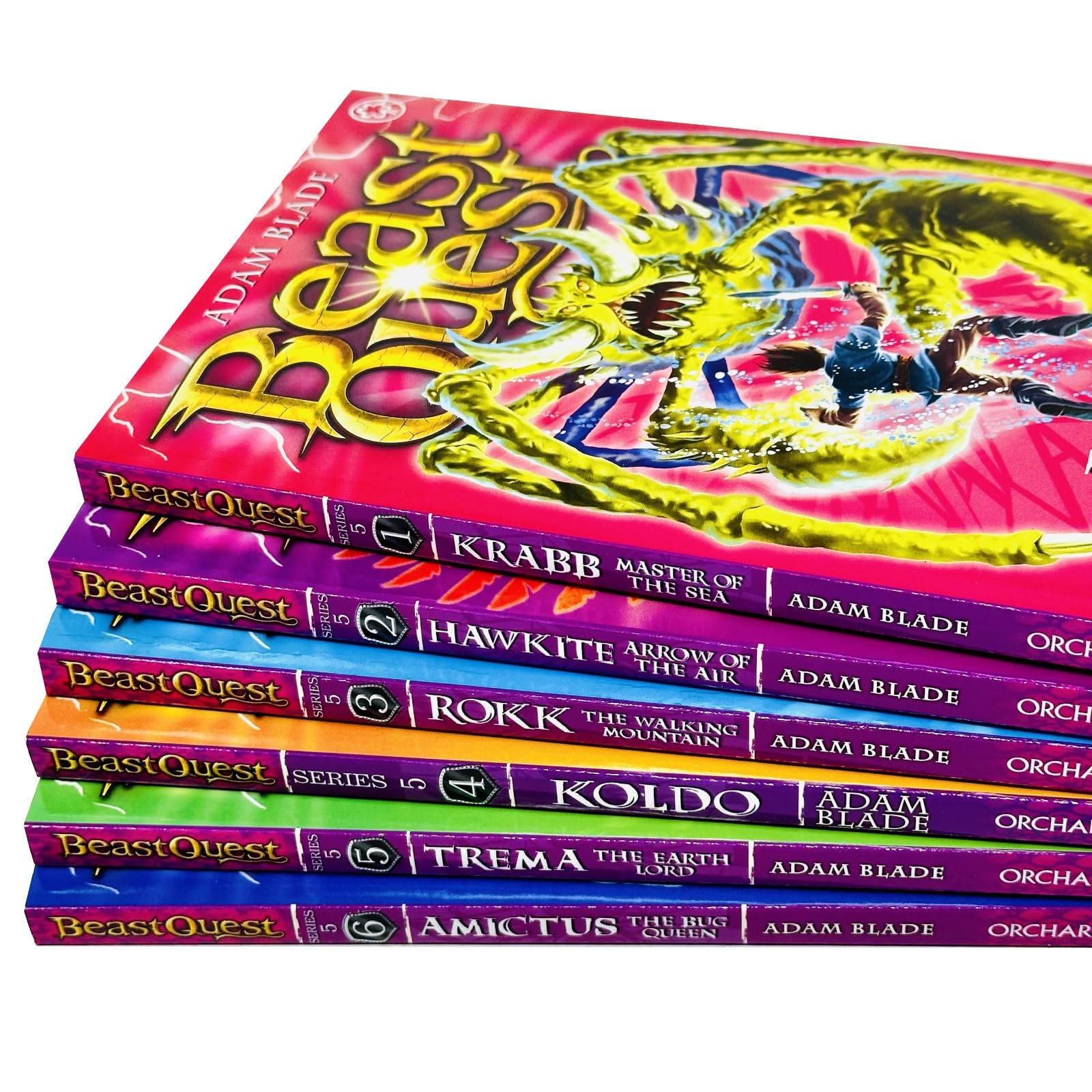 Beast Quest Series 5 six-book paperback set fanned out showing Rokk the Walking Mountain and Trema the Earth Lord covers