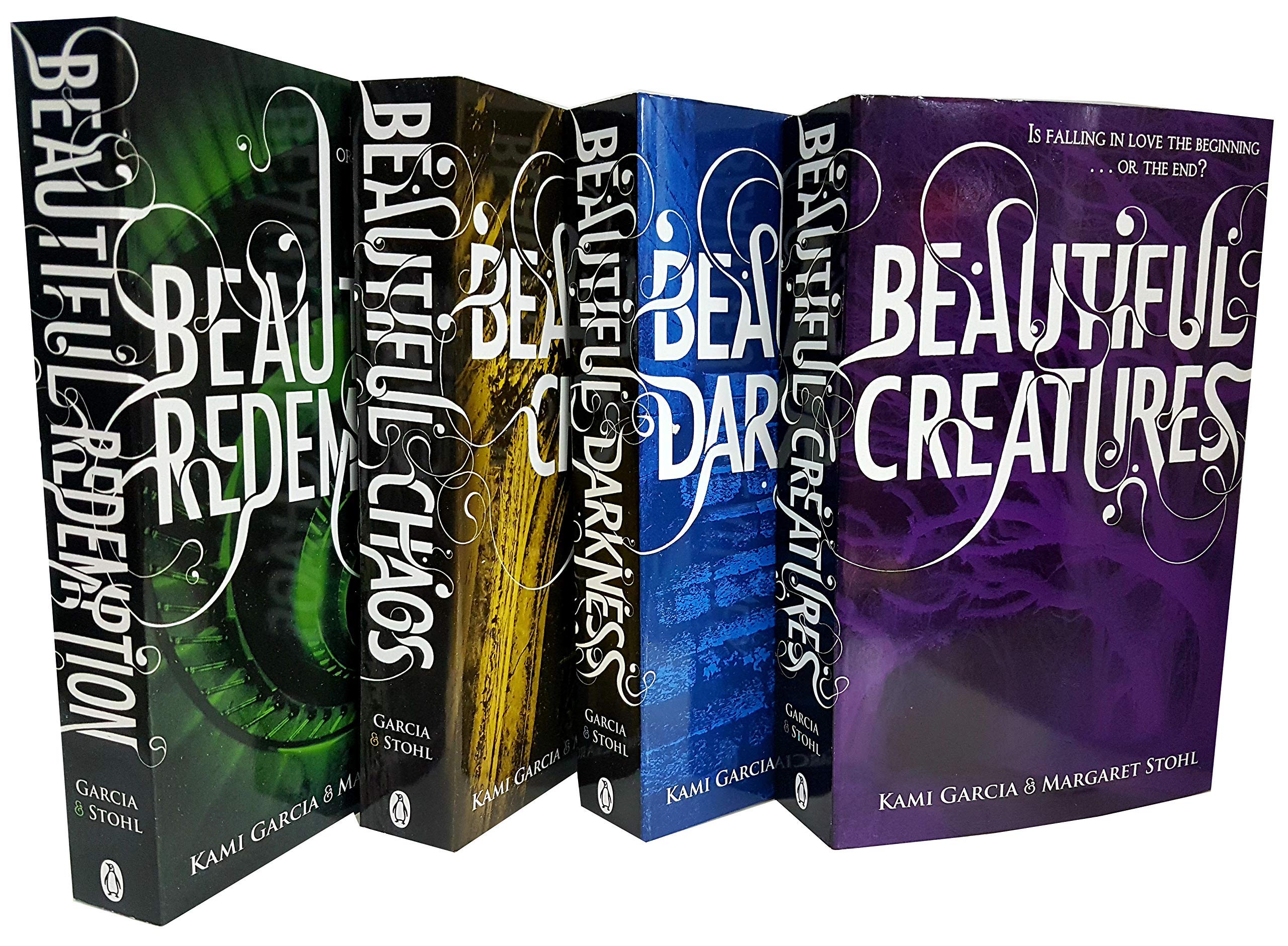 Close-up of the Beautiful Creatures, Beautiful Darkness, Beautiful Chaos, and Beautiful Redemption paperback spines and covers in the young adult box set.
