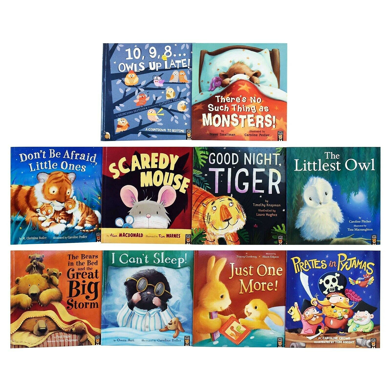 Bedtime Picture Series 10-book paperback set showing full stack of titles including Scaredy Mouse and Goodnight Tiger