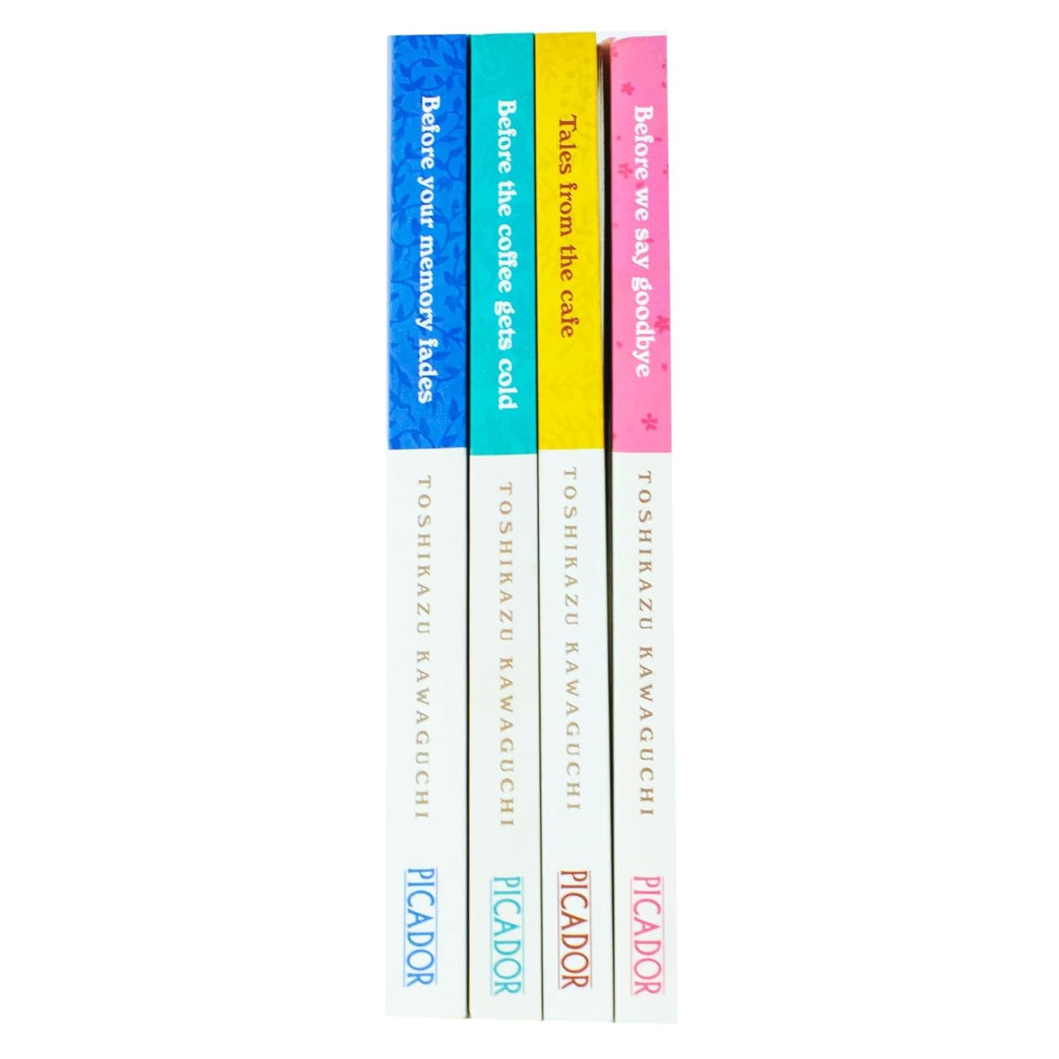 Stacked paperback books from the Before the Coffee Gets Cold series by Toshikazu Kawaguchi, spine and cover detail