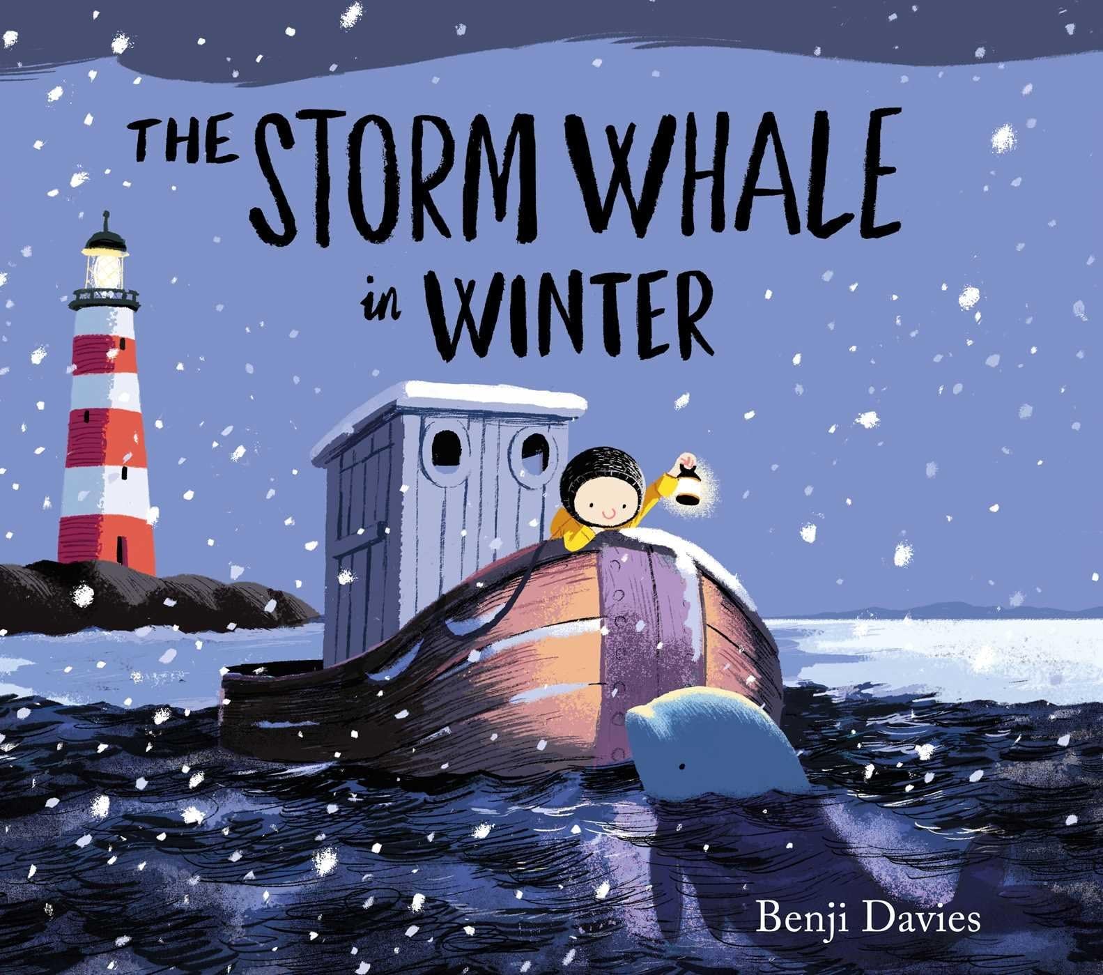 Storm Whale by Benji Davies paperback front cover showing Noi and the baby whale on a coastal shore