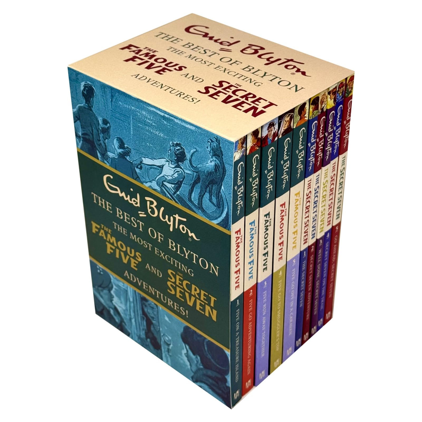 Close-up of the Best of Blyton paperback spines lined up, highlighting the Famous Five and Secret Seven series branding