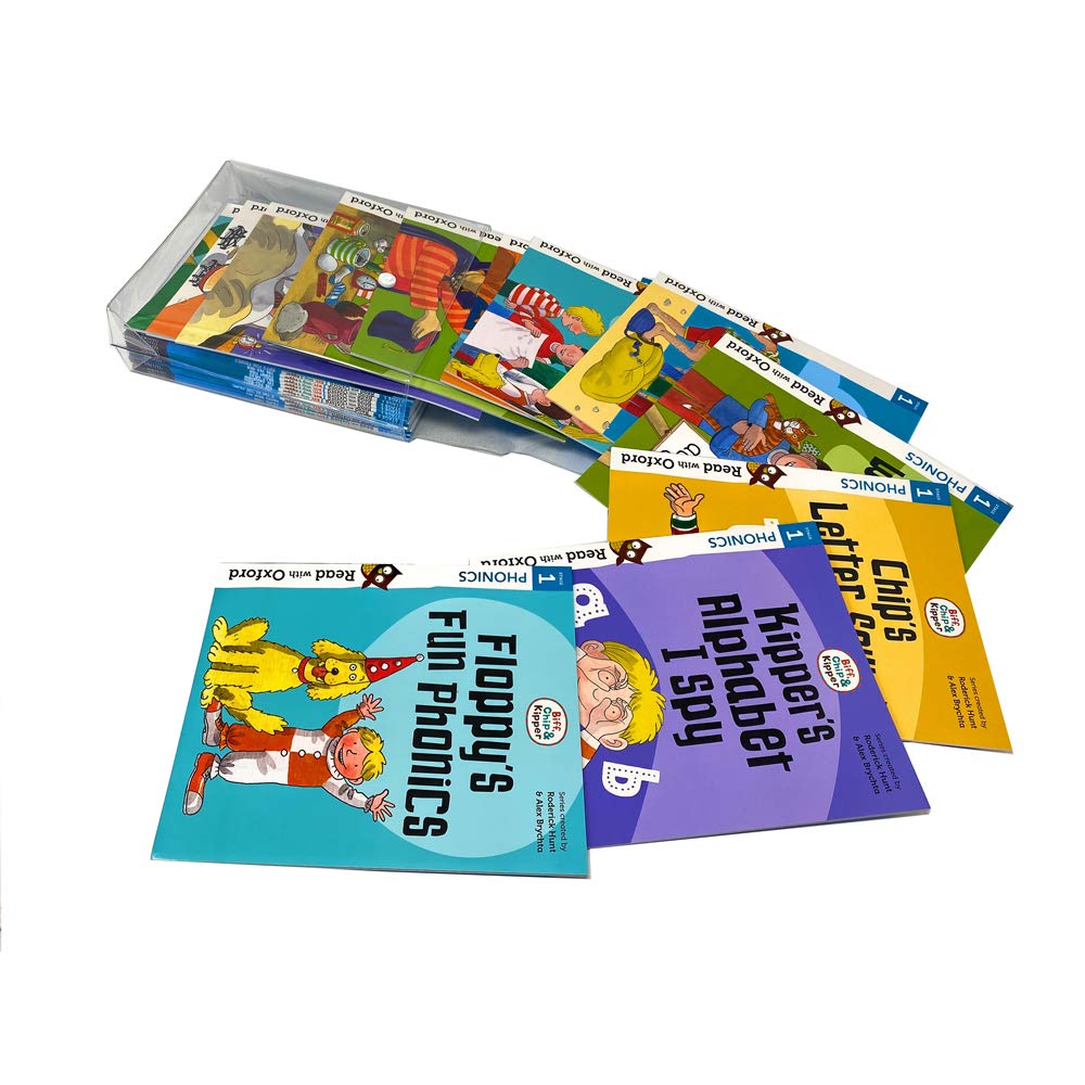 Close-up of several Biff, Chip and Kipper Stage 1 Read with Oxford paperback covers showing character illustrations