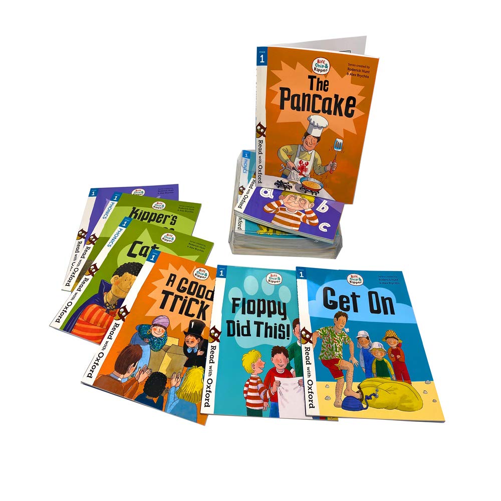 Stacked arrangement of the 24-book Biff, Chip and Kipper Stage 1 Read with Oxford paperback collection set for ages 3-5