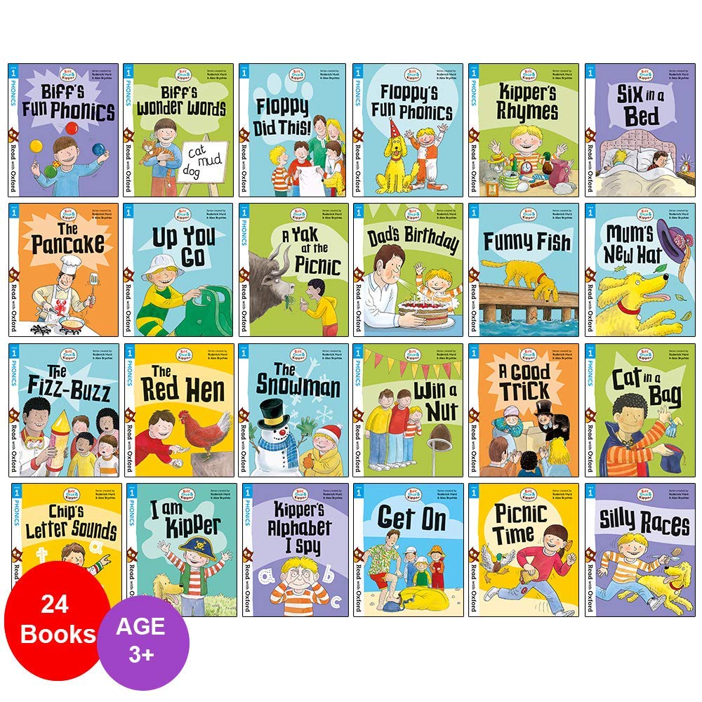 Biff, Chip and Kipper Stage 1 Read with Oxford 24-book set fanned out showing individual paperback story titles