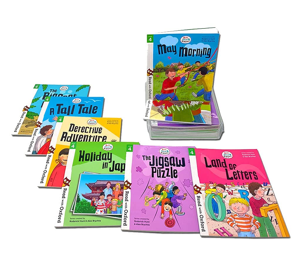 Full set of 16 Biff, Chip and Kipper Stage 4 paperback books fanned out showing individual titles