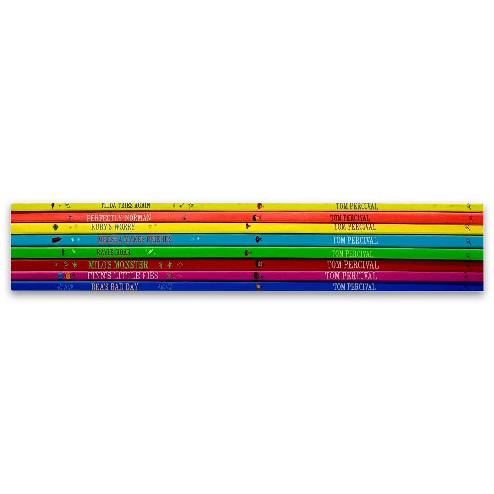 All eight Big Bright Feelings paperback covers fanned out together by Tom Percival