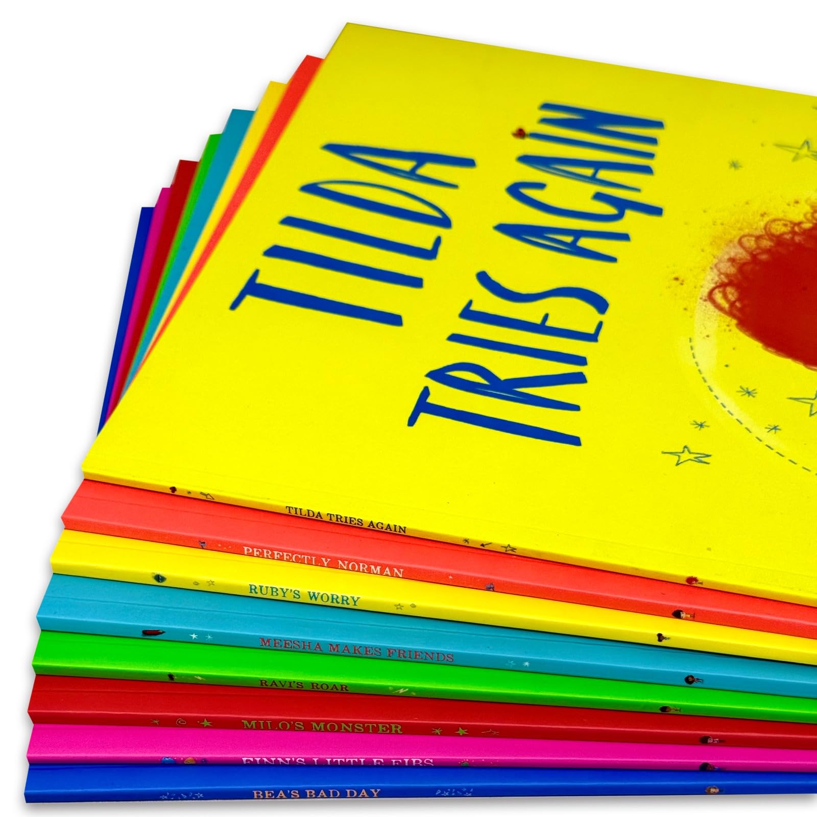 Close-up view of individual book covers in the Big Bright Feelings collection set