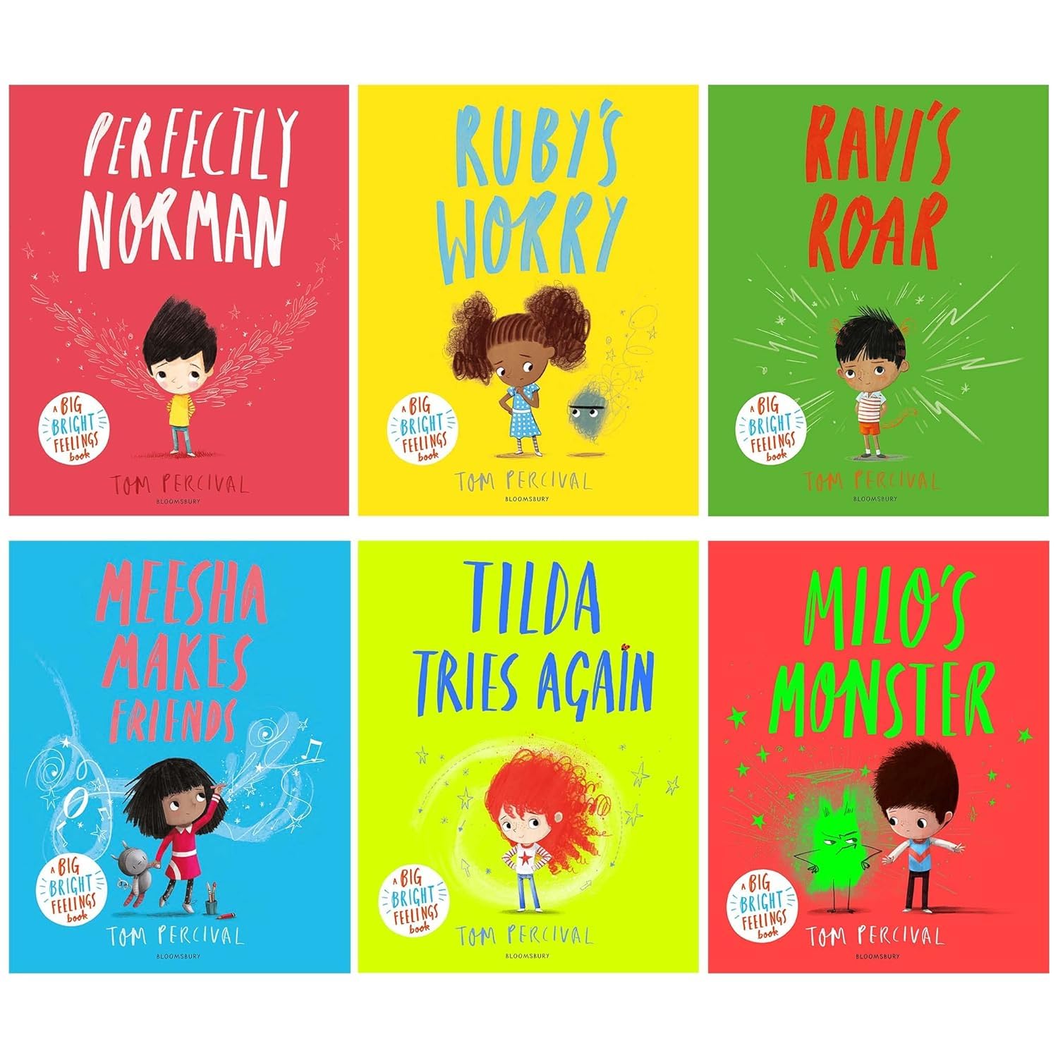 A Big Bright Feelings by Tom Percival 6 books collection set, paperback covers fanned out, for ages 3-7