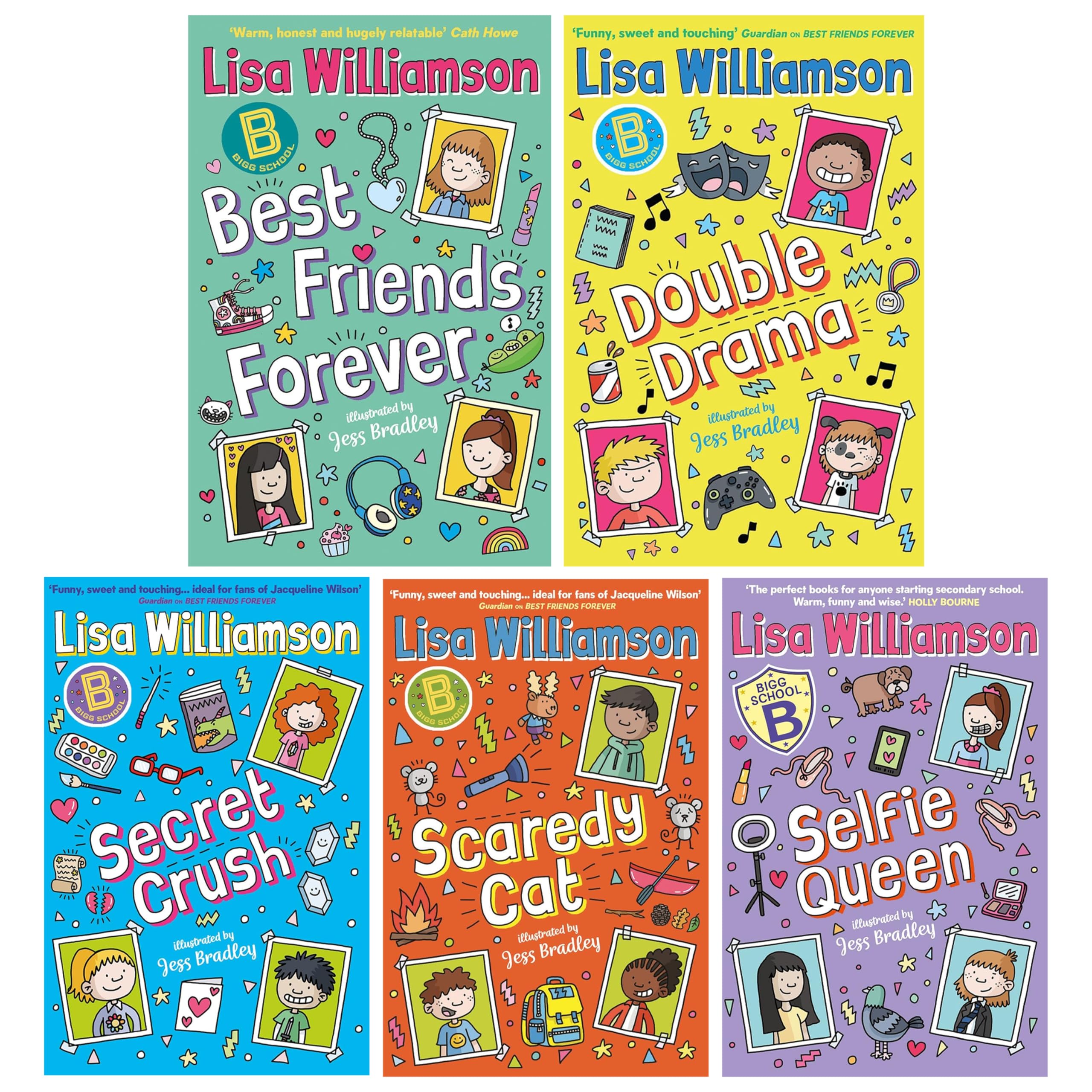 Bigg School series by Lisa Williamson - all 5 paperback book covers (Best Friends Forever, Double Drama, Secret Crush, Scaredy Cat, Selfie Queen) for ages 9-12