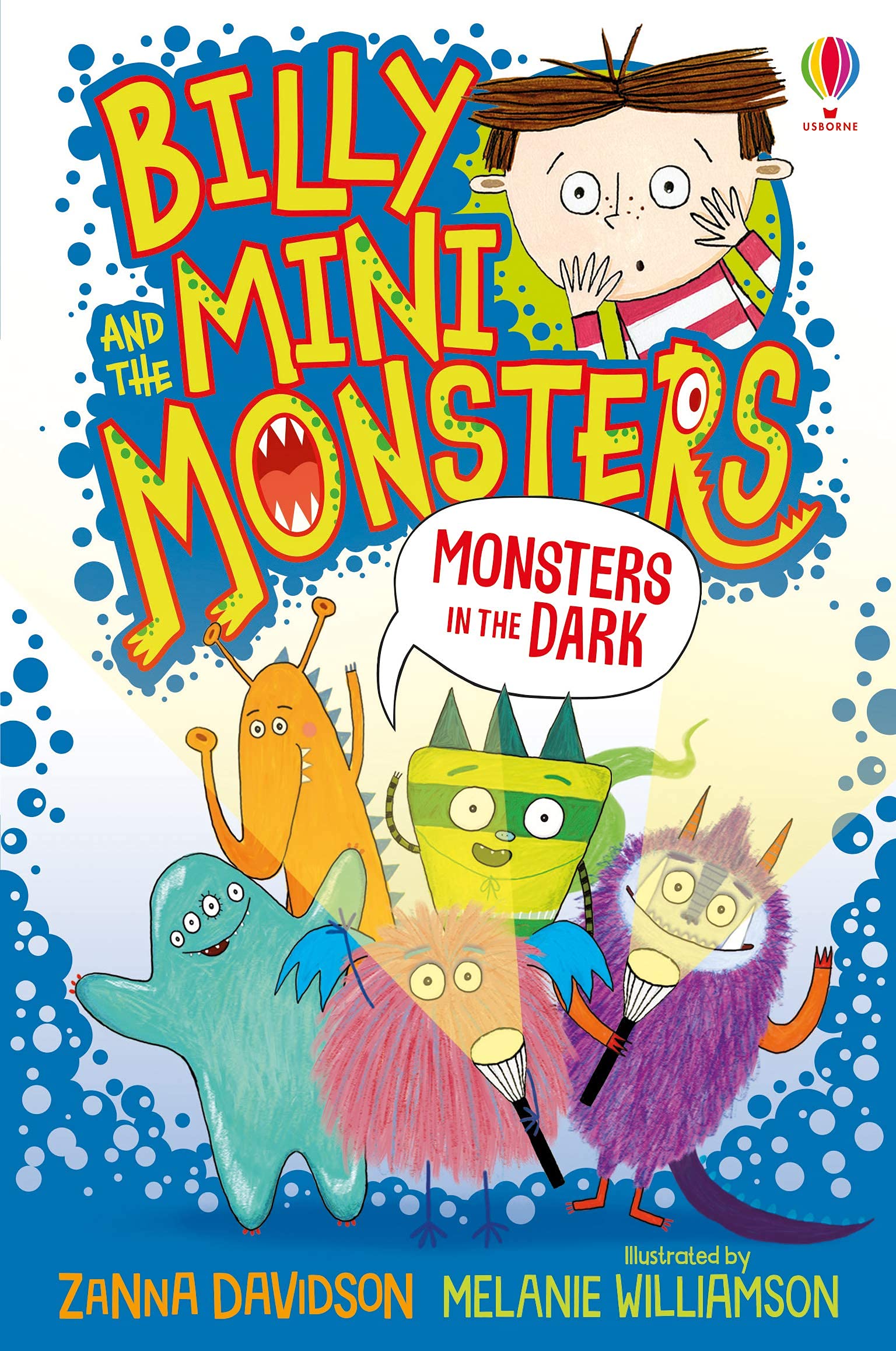 Inside page spread from a Billy and the Mini Monsters paperback showing full-color illustrations and large-print text