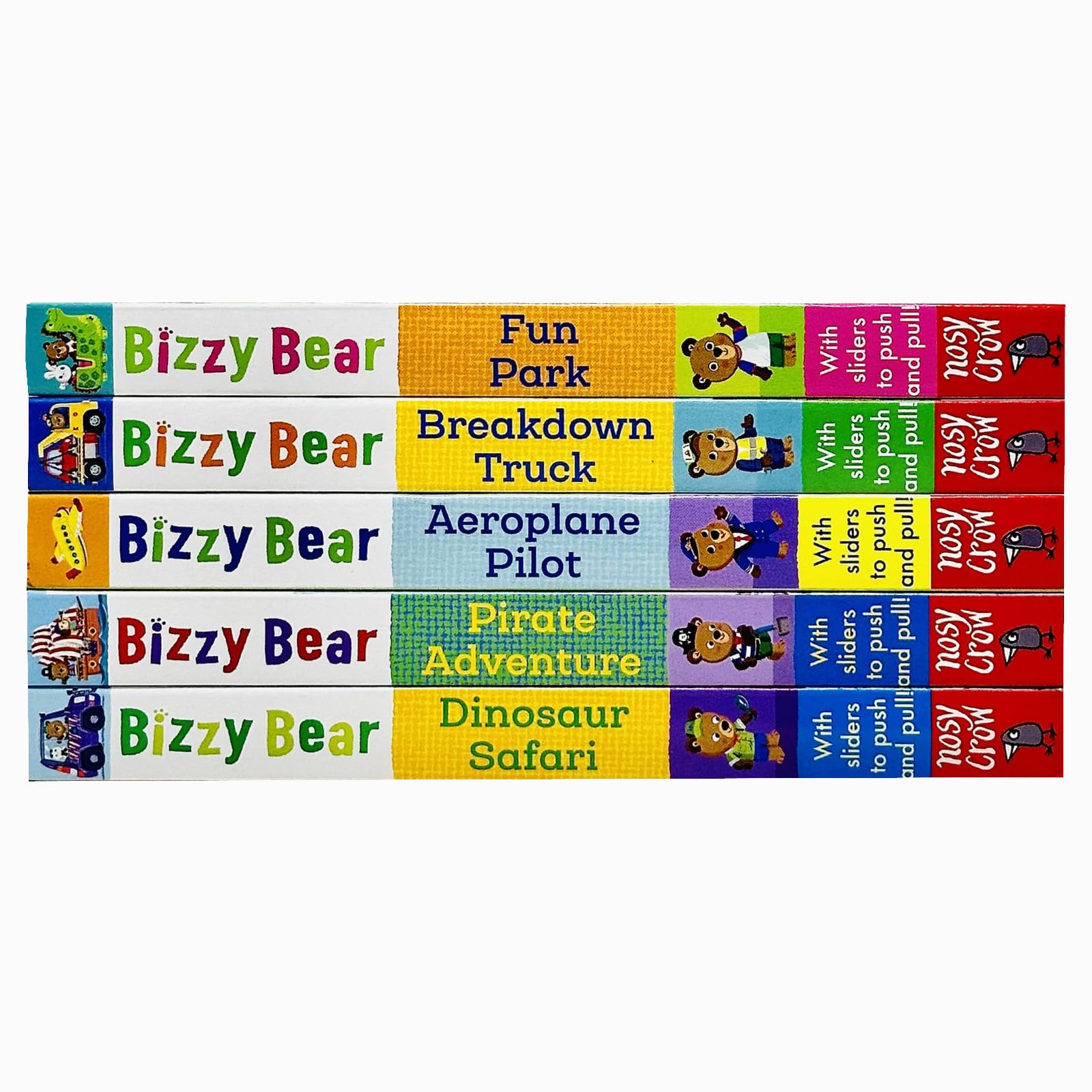 Bizzy Bear 5 board book set fanned out to show Fun Park, Breakdown Truck, Aeroplane Pilot, Pirate Adventure, and Dinosaur Safari covers