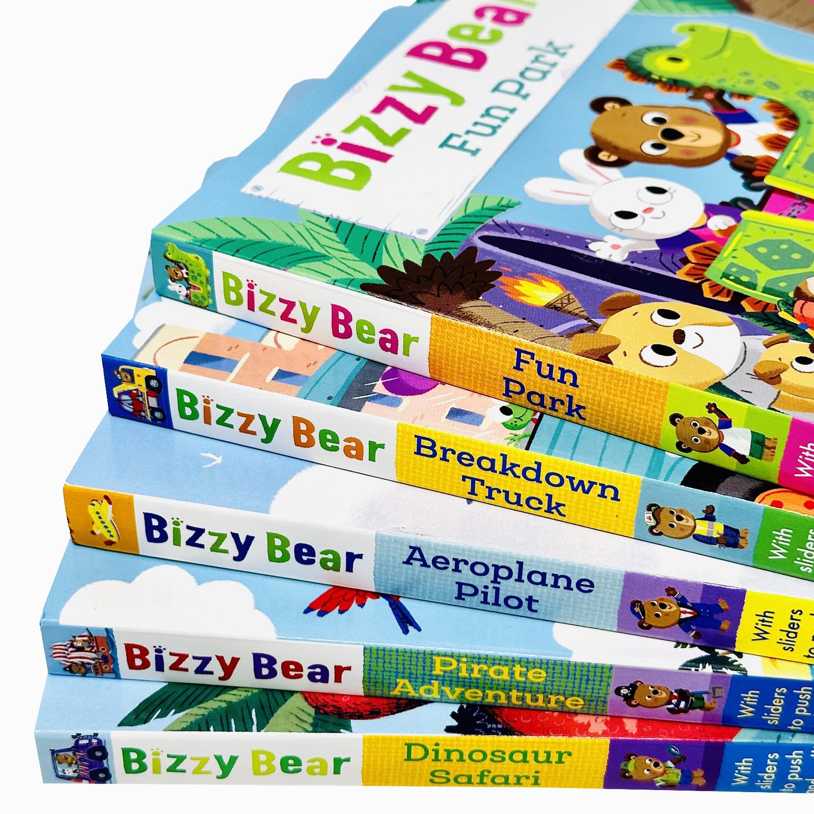 Close-up of Bizzy Bear: Fun Park board book cover with colorful illustrations by Benji Davies