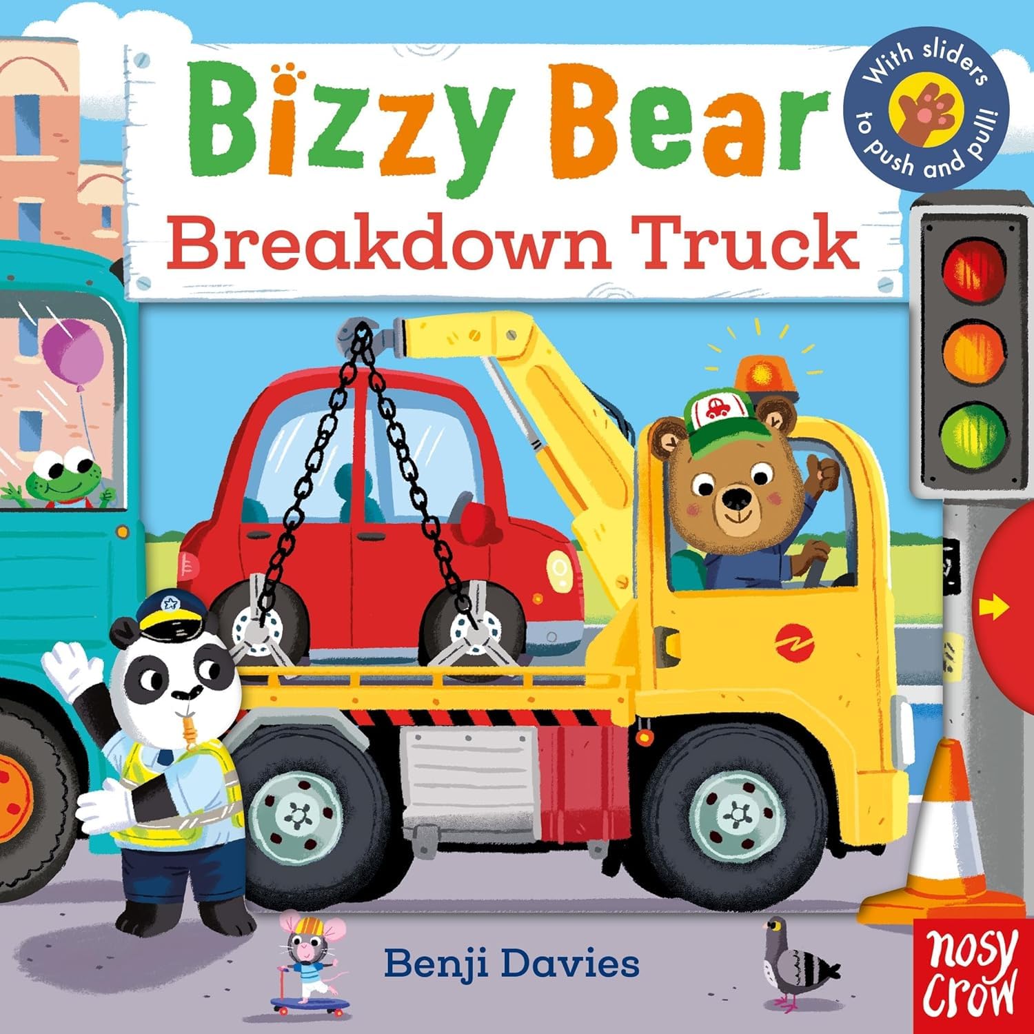Close-up of Bizzy Bear: Aeroplane Pilot board book cover showing Bizzy Bear flying with his crew