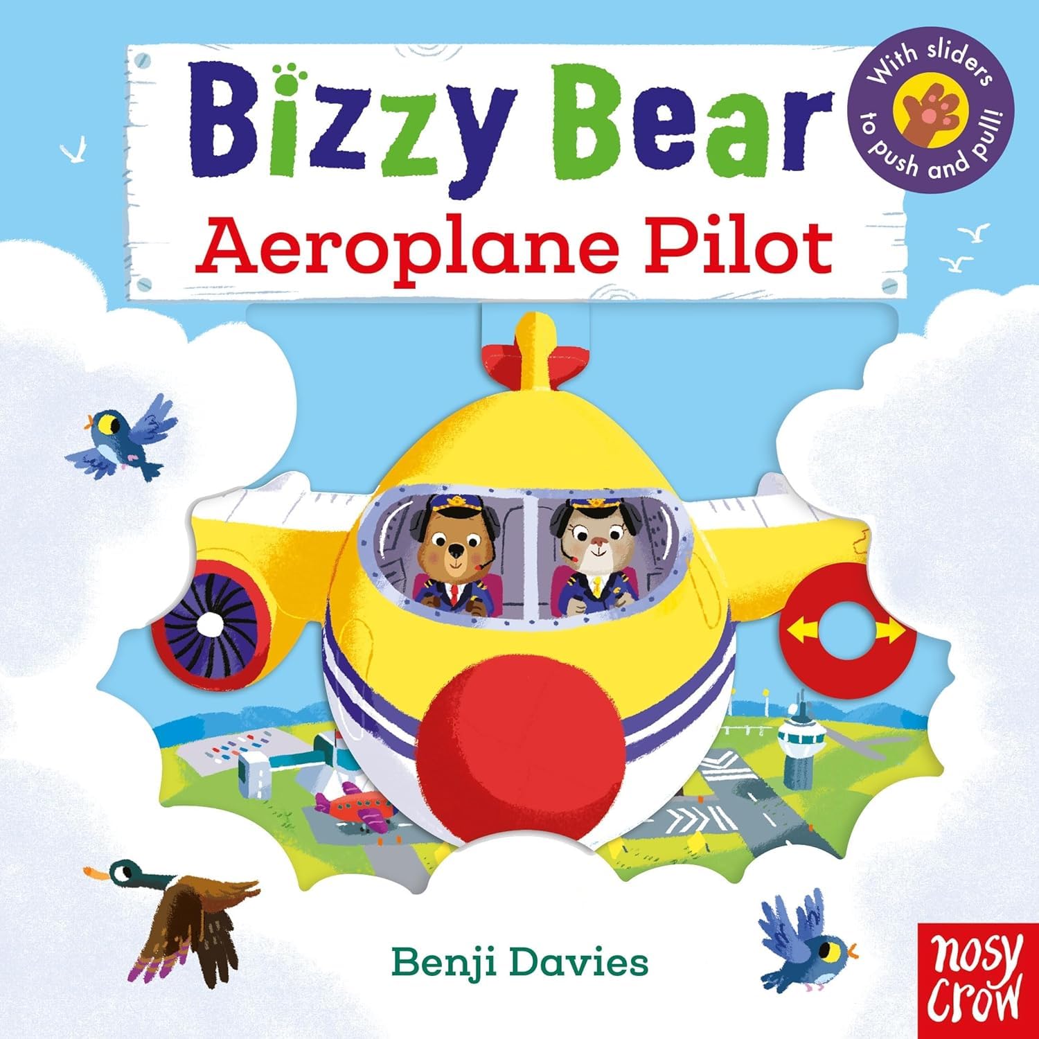Close-up of Bizzy Bear: Breakdown Truck board book cover showing Bizzy Bear helping a stranded car