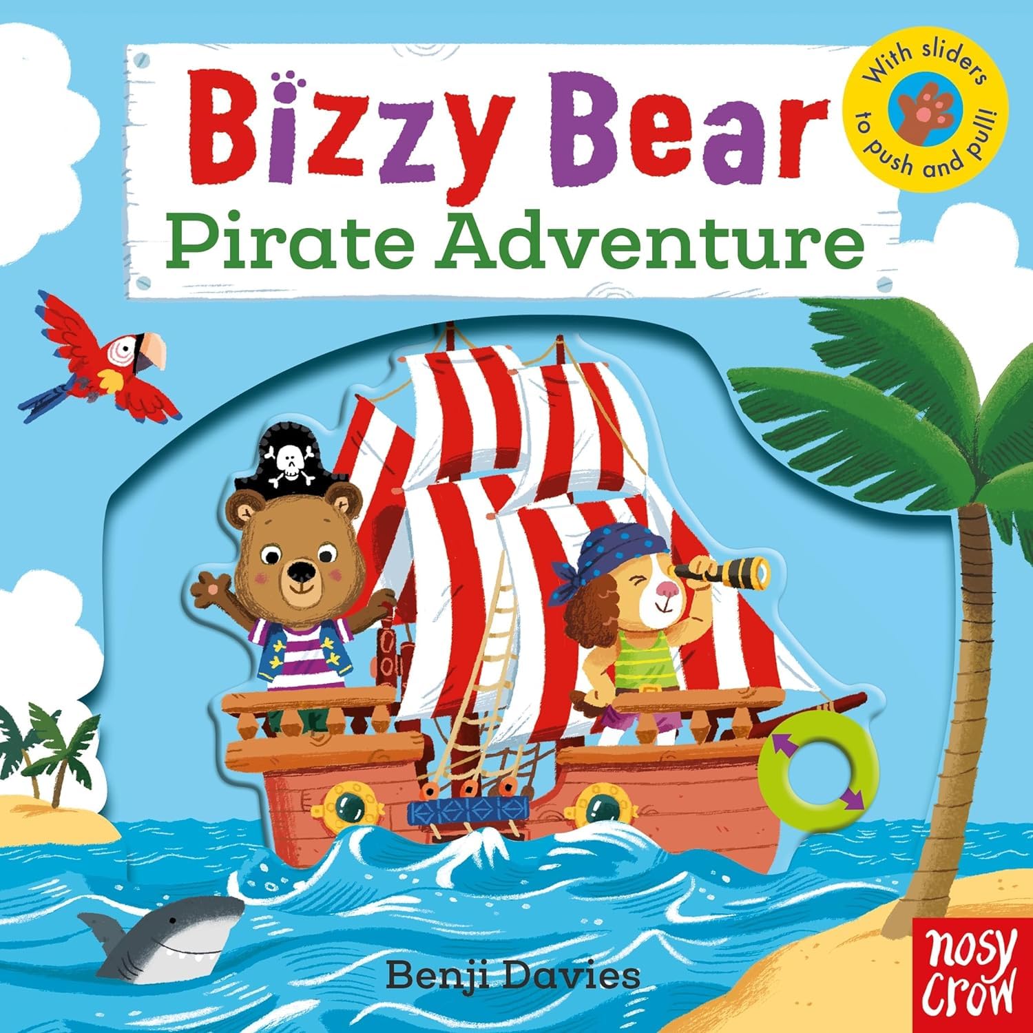 Inside page spread of a Bizzy Bear board book showing the chunky push-and-pull slider mechanism