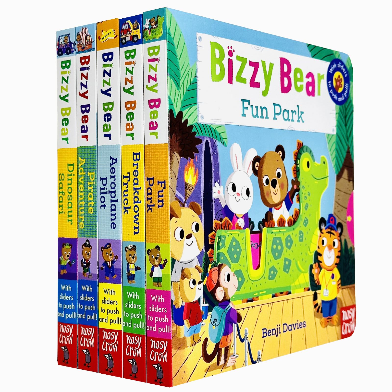 Front cover of the Bizzy Bear 5 Books Collection Set by Benji Davies, showing all five board book covers, ages 0-5