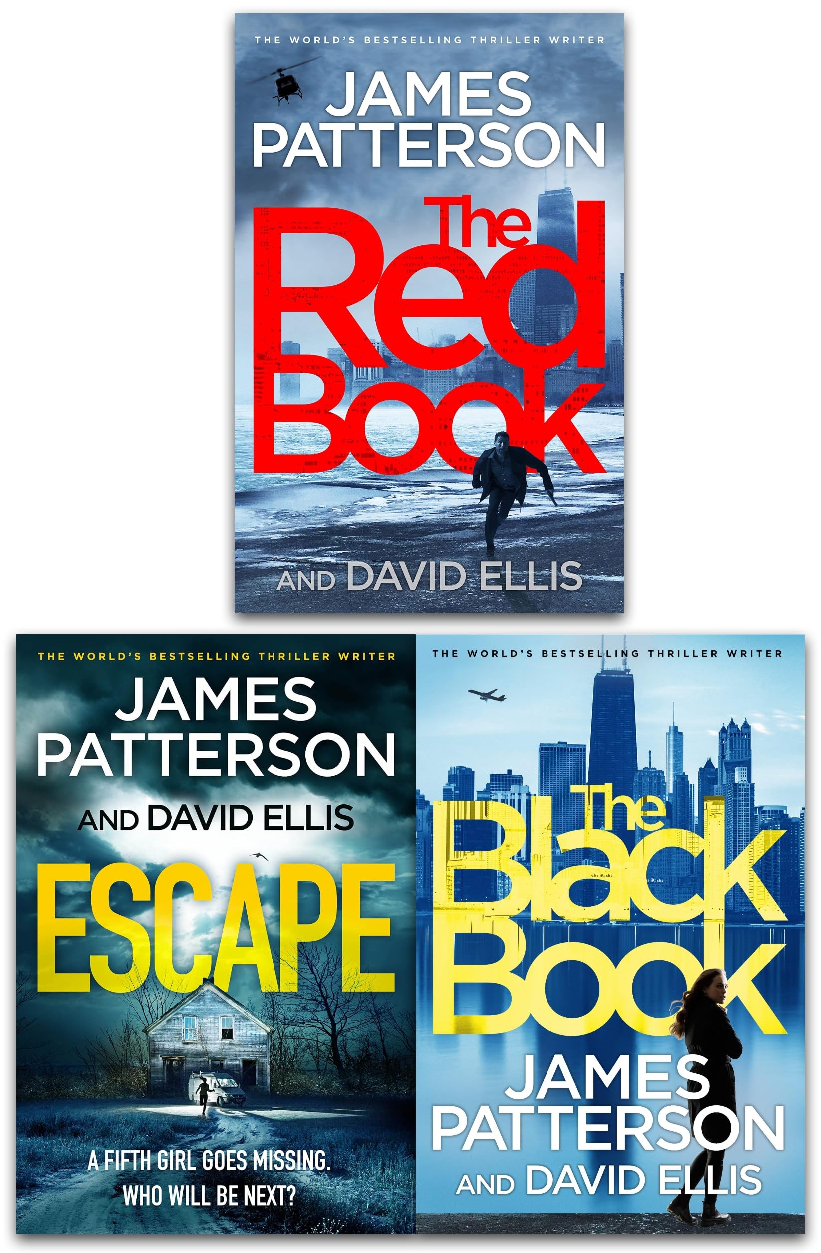 Front cover of Black Book Thrillers by James Patterson and David Ellis 3 books collection set, paperback edition, showing The Black Book, The Red Book, and Escape