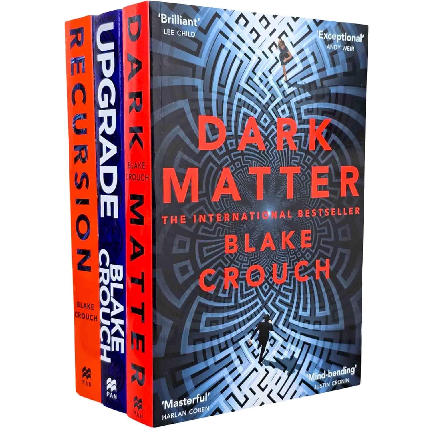 Close-up of the Blake Crouch paperback set showing the colorful cover artwork and titles