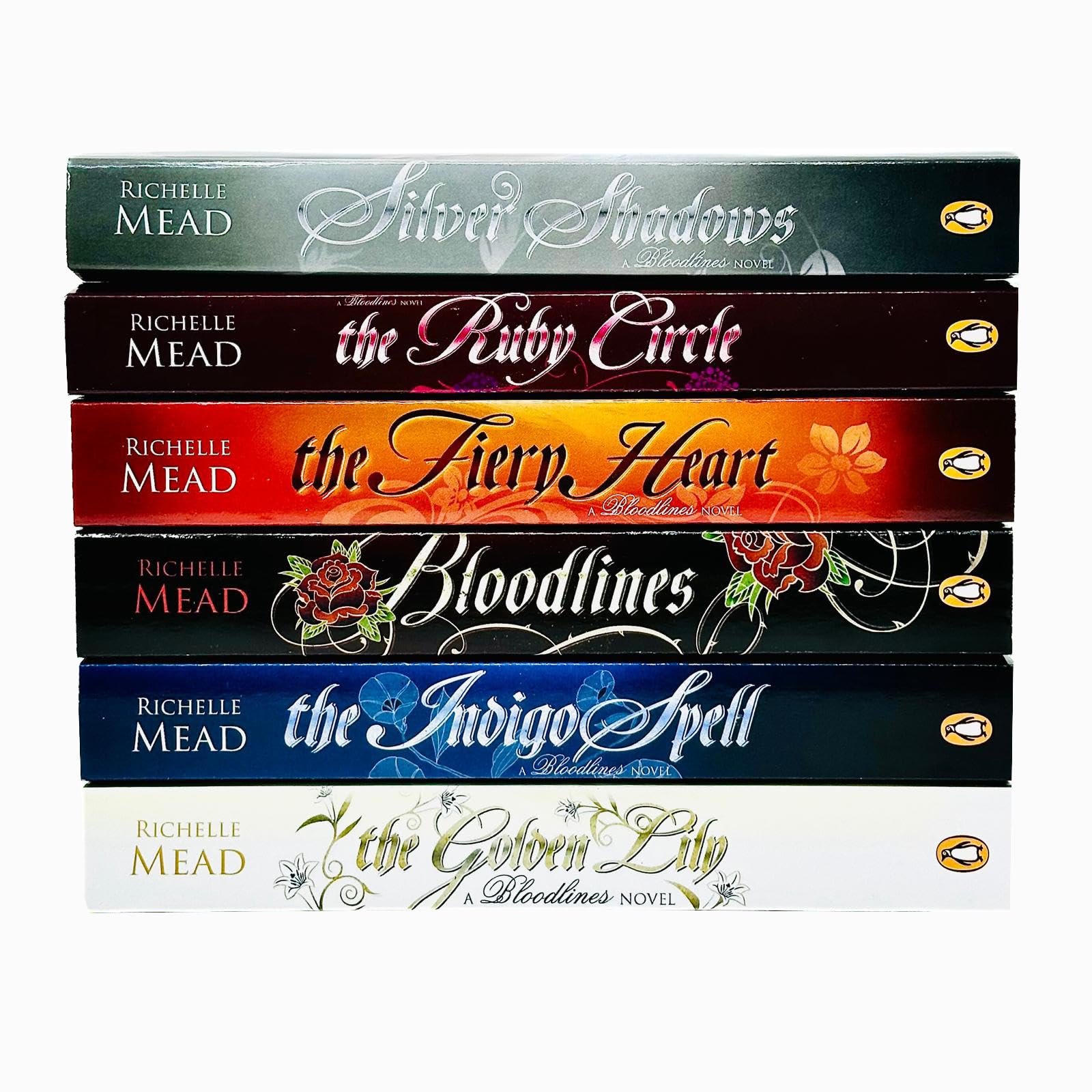 Close-up of the Bloodlines paperback box set covers by Richelle Mead, featuring Sydney Sage series artwork.