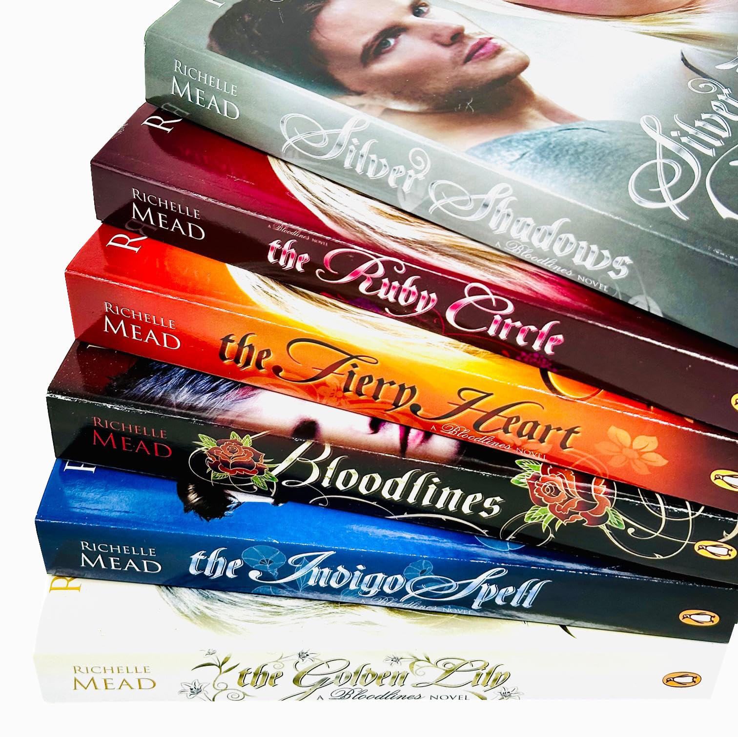 The Bloodlines series by Richelle Mead paperback set fanned out to show all six front covers.