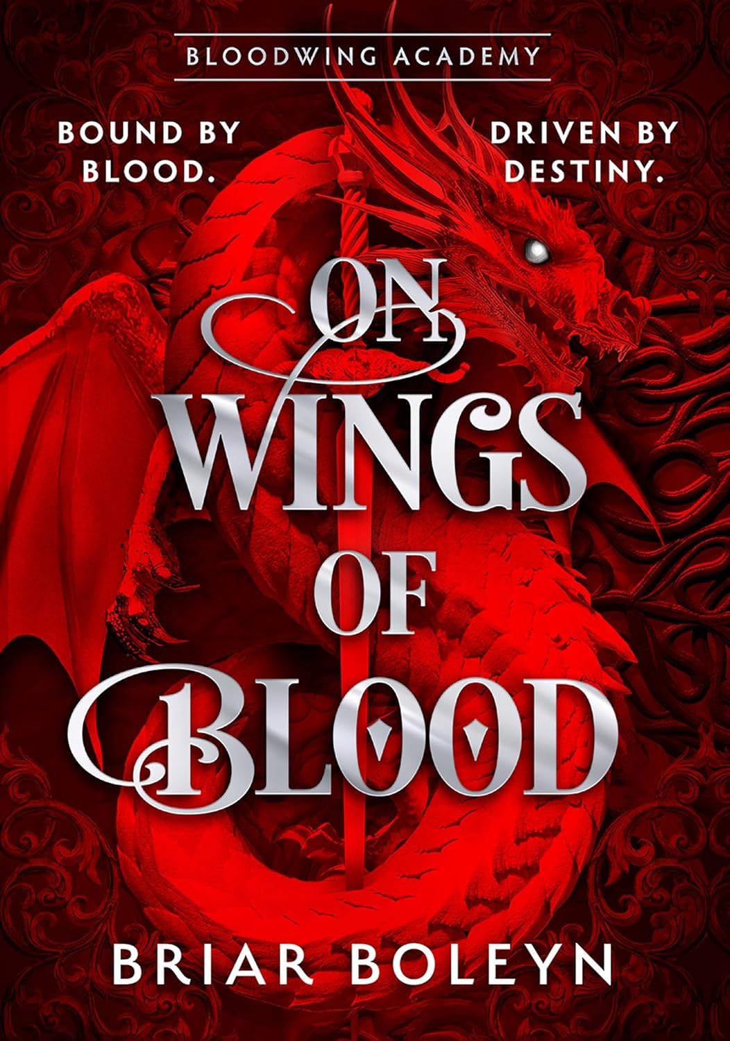 Close-up of On Wings of Blood hardcover front cover, book one in the Bloodwing Academy series by Briar Boleyn