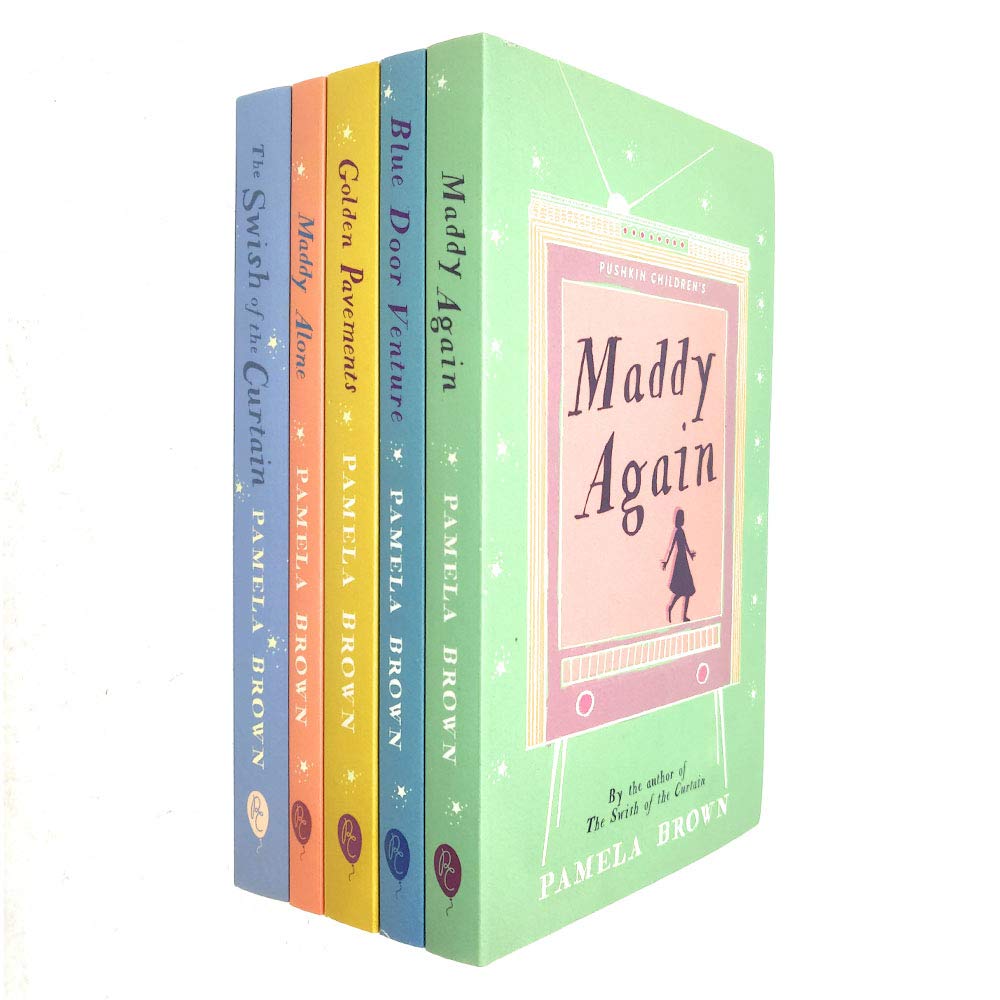 Blue Door Collection 5 Books Set by Pamela Brown paperback front cover, featuring The Swish of the Curtain, Maddy Alone, Golden Pavements, Blue Door Venture, and Maddy Again