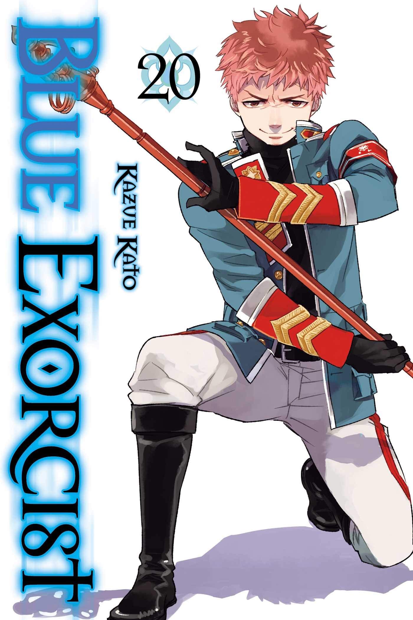 Close-up of Blue Exorcist paperback cover artwork from the Kazue Kato 5-book manga collection set, volumes 16 through 20.
