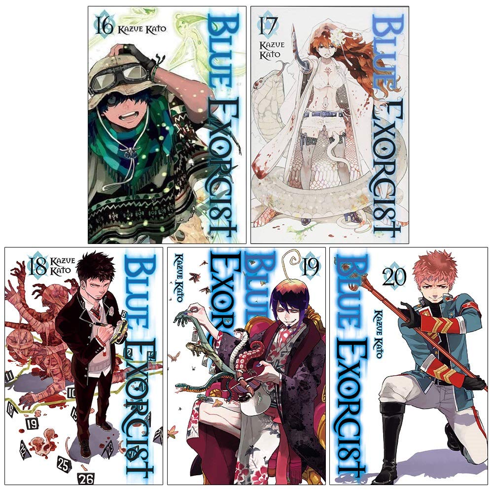 Blue Exorcist Vol. 16-20 paperback manga collection set by Kazue Kato, front covers showing Rin Okumura and True Cross Academy artwork.
