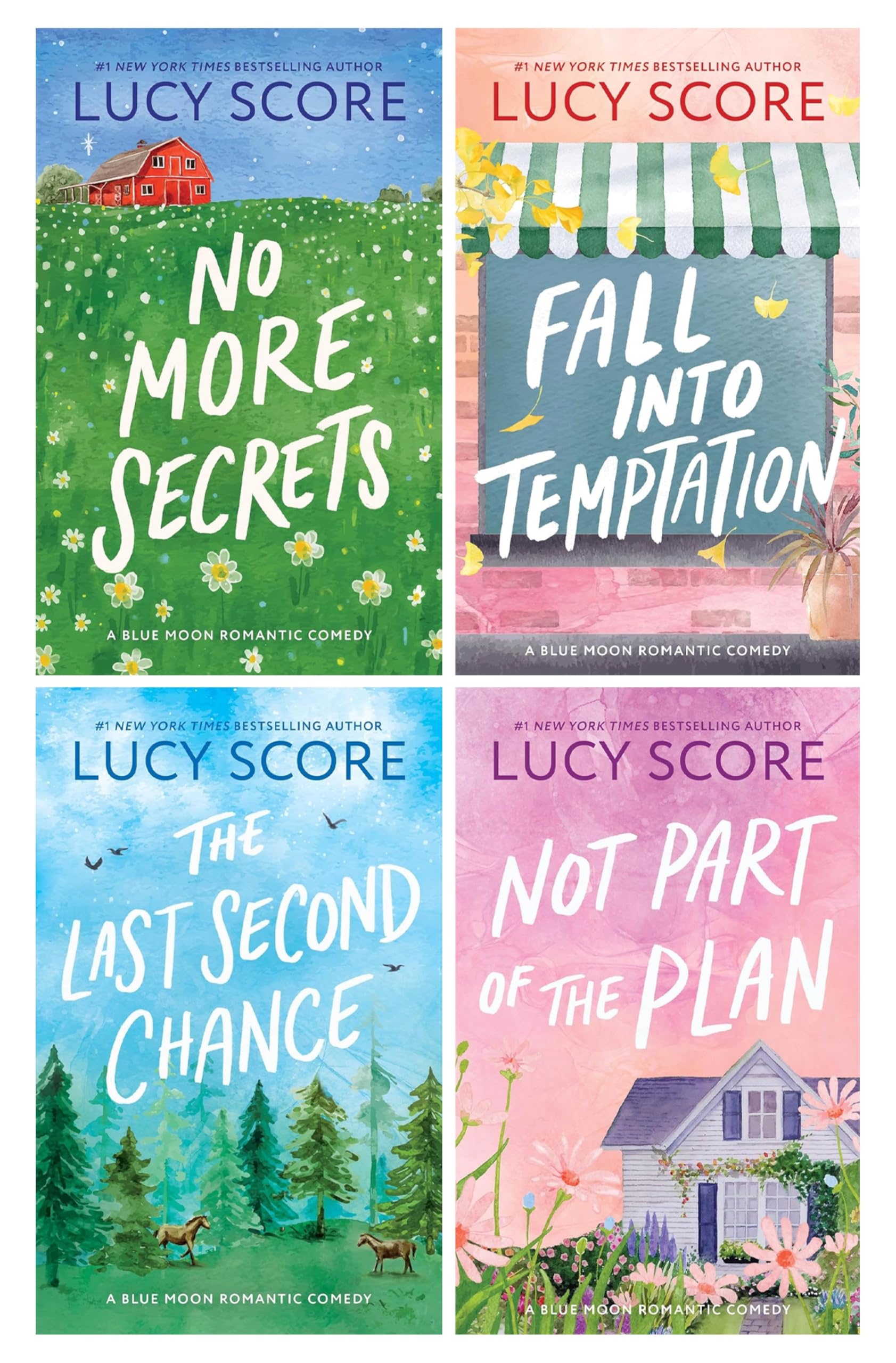 Blue Moon Series by Lucy Score 4 Books Collection Set paperback front covers, including No More Secrets, Fall Into Temptation, The Last Second Chance, and Not Part of the Plan