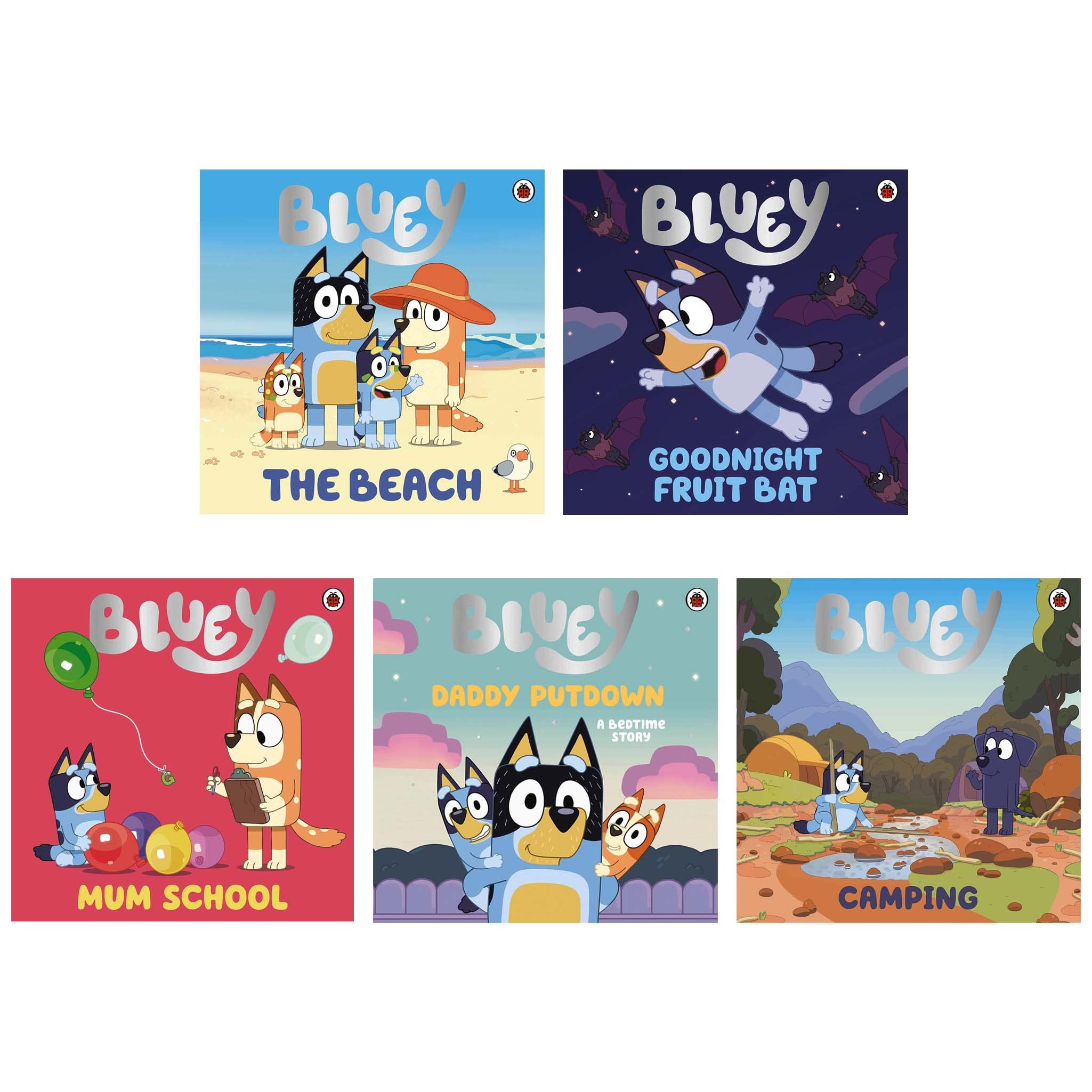 Bluey 5 Books Picture Book Collection Set paperback front cover showing The Beach, Goodnight Fruit Bat, Mum School, Daddy Putdown and Camping for ages 3-7