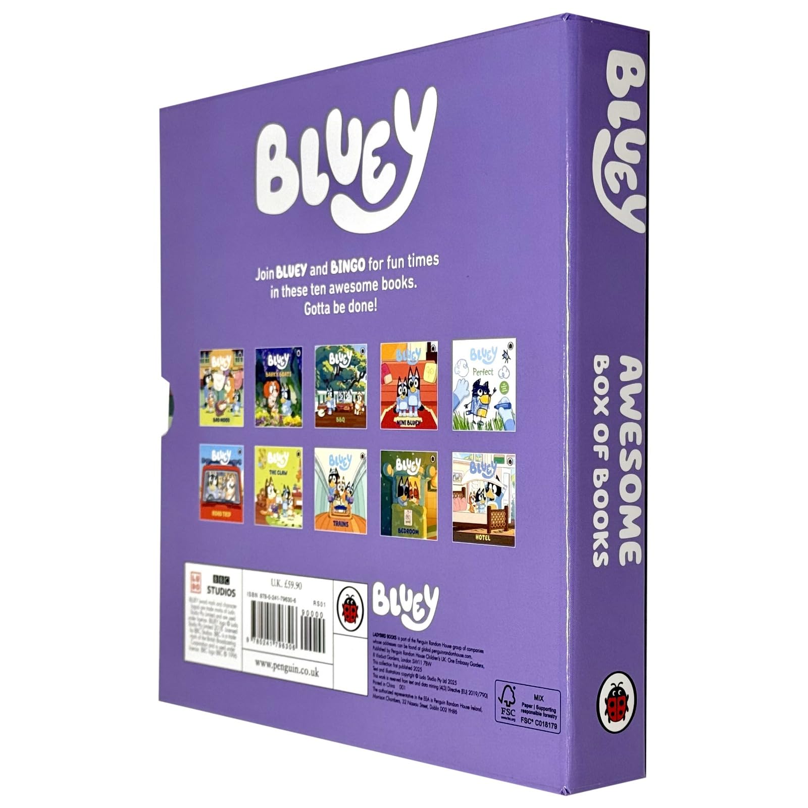 All ten Bluey paperback storybooks fanned out showing colorful covers including Road Trip, Hotel, and BBQ