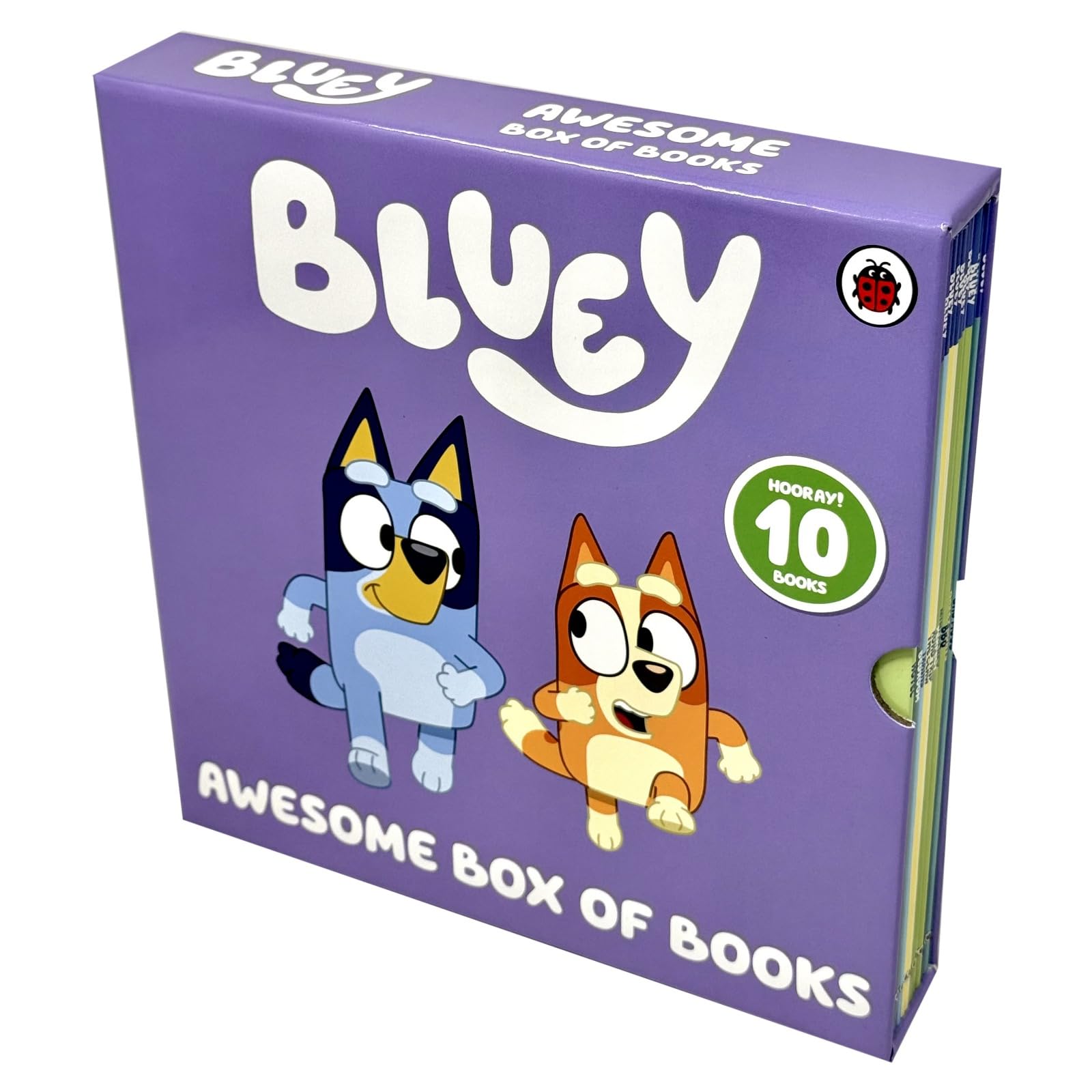 Back of the Bluey Awesome Box of Books set showing the full title list and age range for ages 3-7