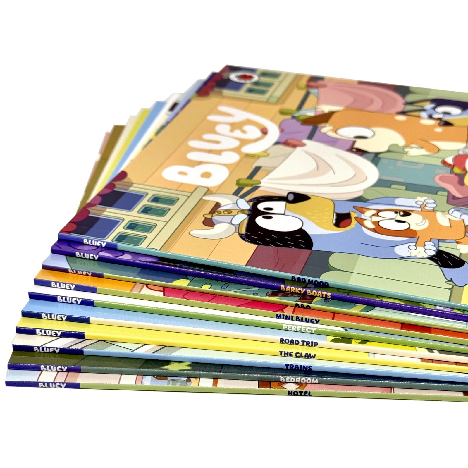Close-up of an inside page spread from a Bluey paperback storybook featuring Bluey and Bingo