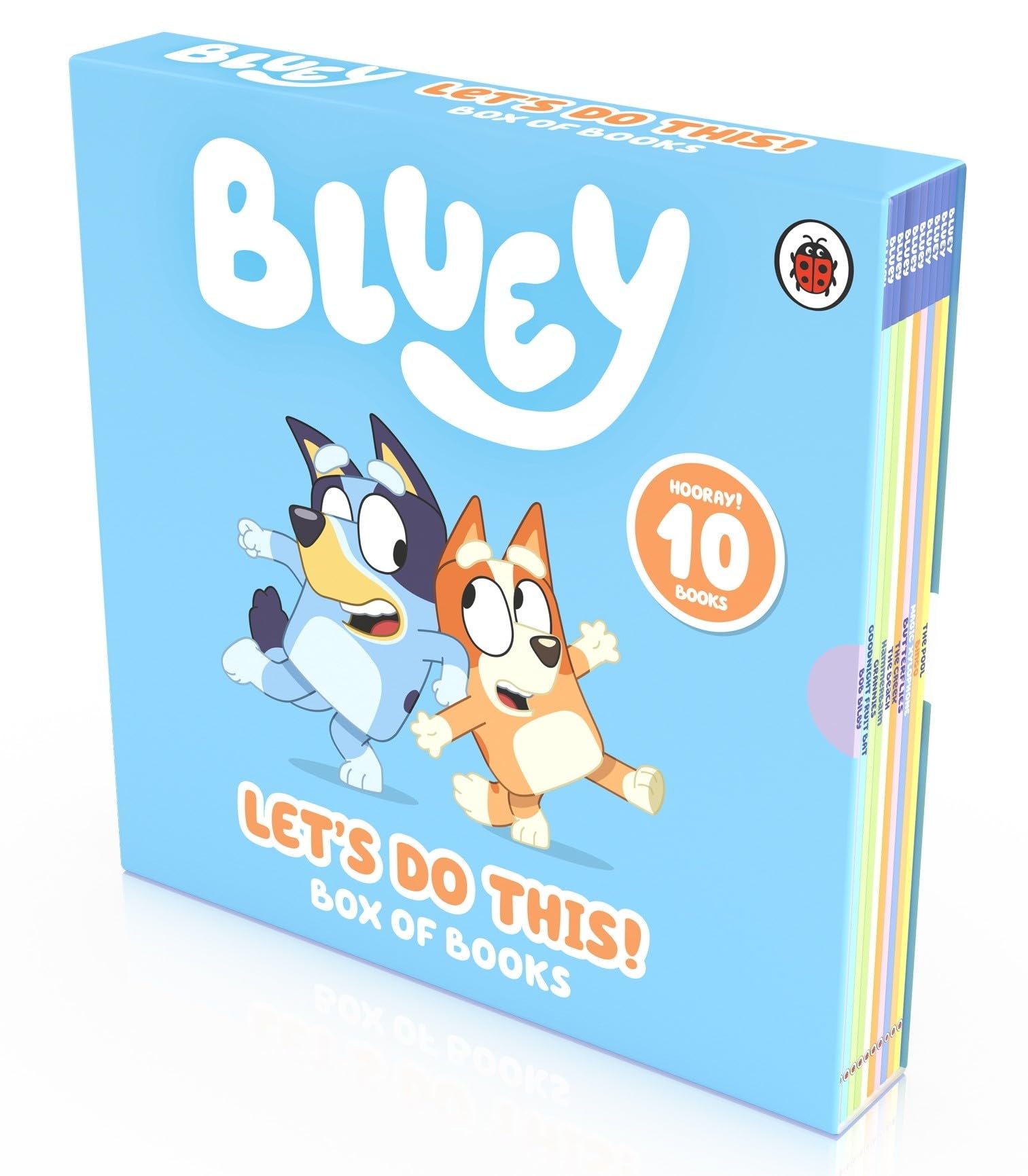 Bluey Let's Do This! 10-book paperback box set for ages 2-4, colorful covers of all titles displayed together.