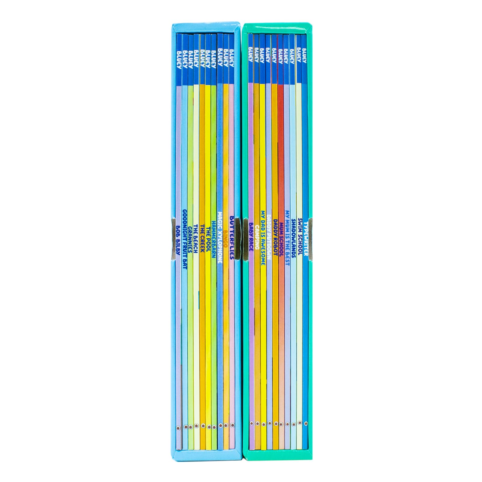 All 20 Bluey paperback storybooks fanned out showing individual titles like Typewriter, Camping, and Grannies