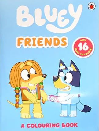 Bluey Friends and Good Times colouring books fanned out showing illustrated Heeler family pages