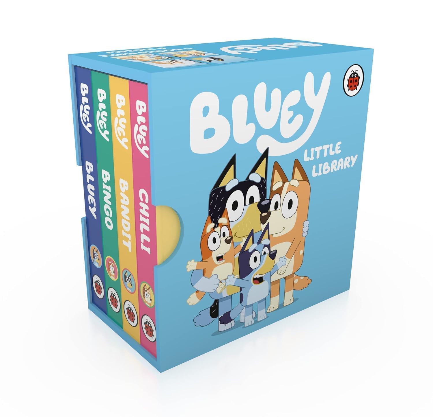 All 8 Bluey board books fanned out showing Bluey, Bingo, Chilli, Bandit, Snickers and Coco, Honey and Chloe, Lucky and Mackenzie, and Indy and Rusty titles
