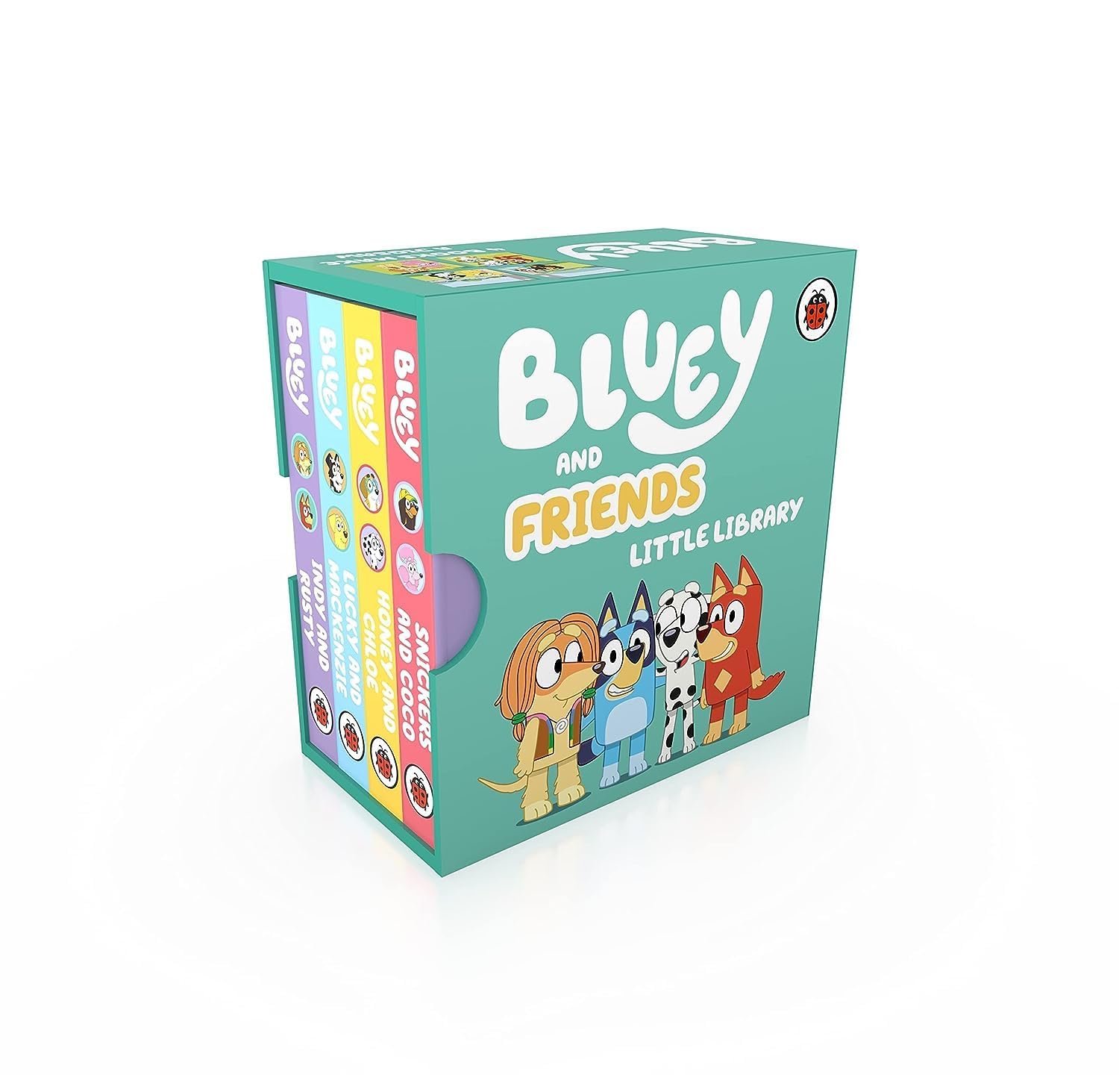 Back of the Bluey Little Library and Bluey and Friends Little Library board book set showing packaging and age range for toddlers 2-5