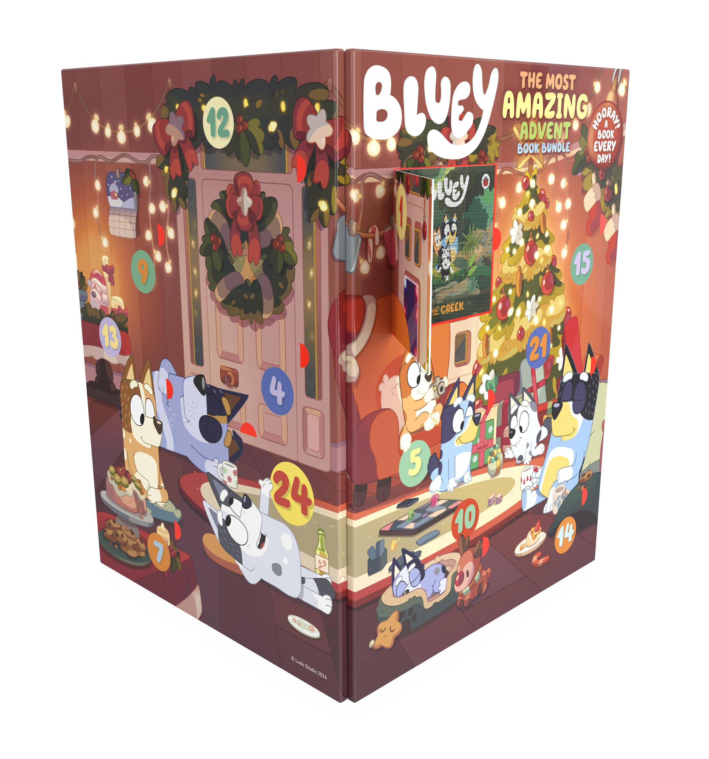 Bluey advent book bundle box open showing numbered doors and mini paperback books behind each window
