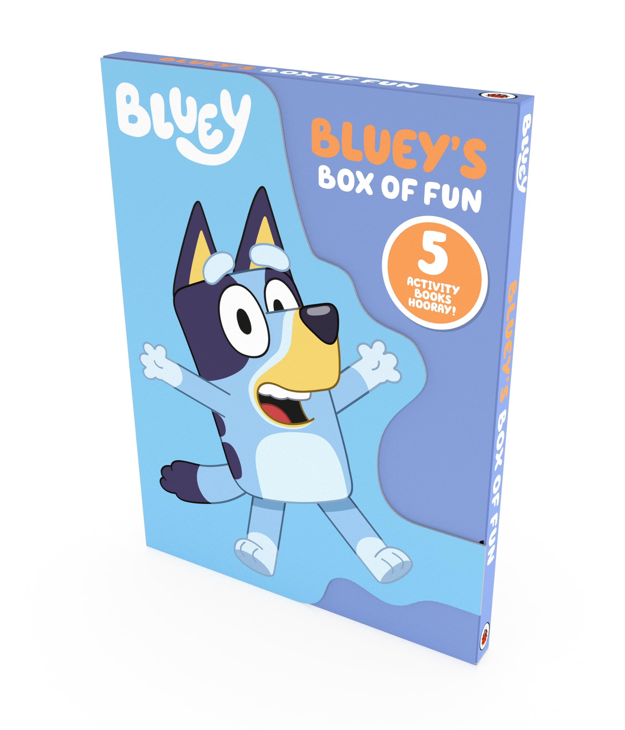 Bluey's Box of Fun 5 Books Collection Set paperback front cover box, featuring Bluey and Bingo activity and coloring books for ages 3-7