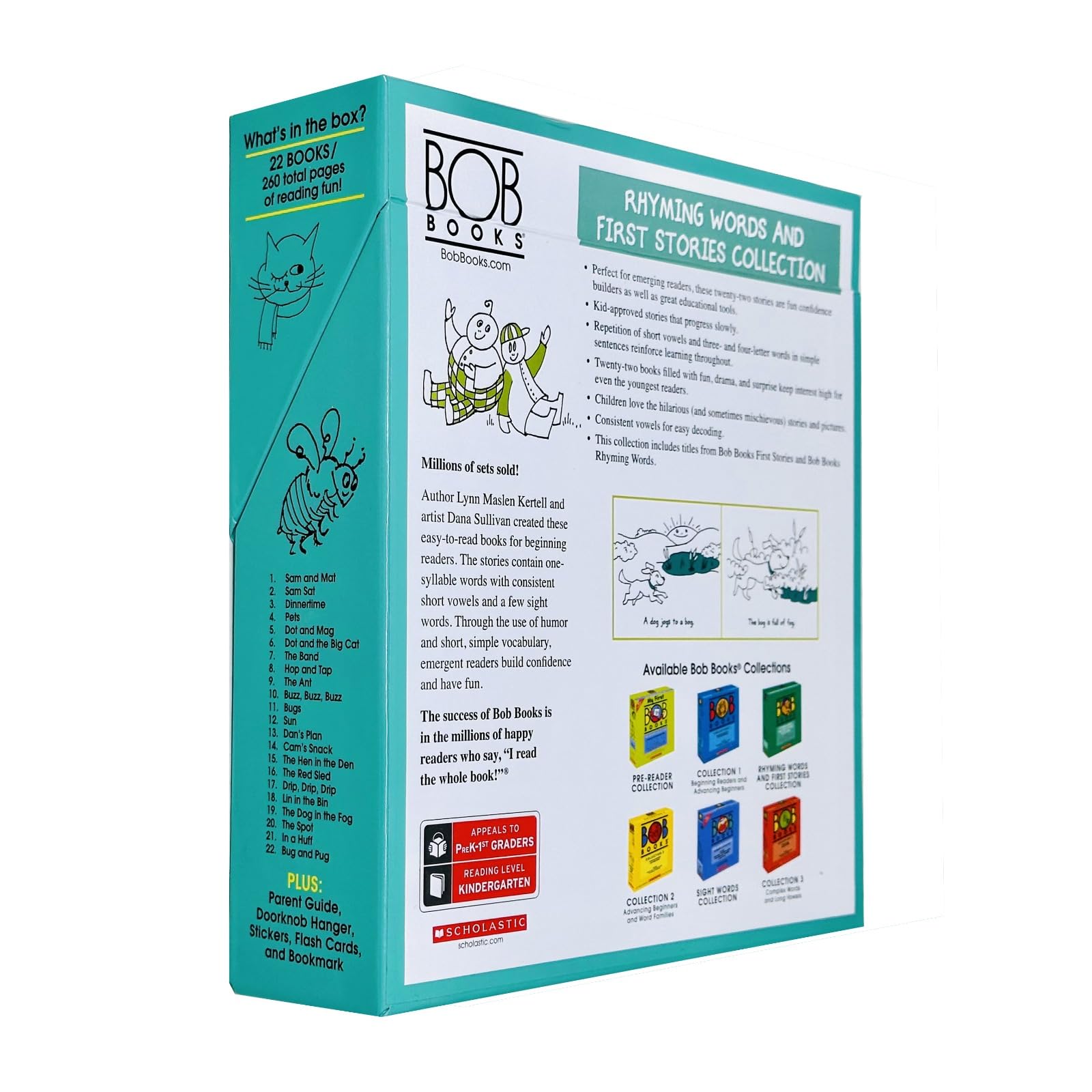 Back of the Bob Books Collection 6 storage box showing First Stories and Rhyming Words set contents and reading levels A-E