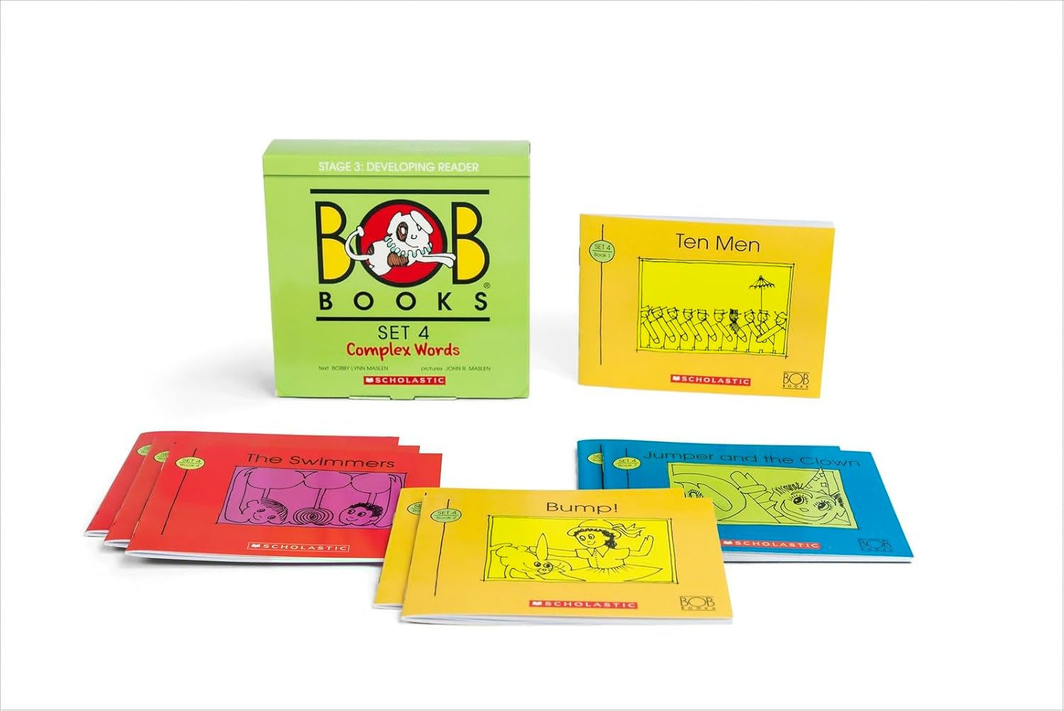 All eight paperback books from Bob Books Set 4: Complex Words fanned out, showing colorful covers for early readers ages 4-6.