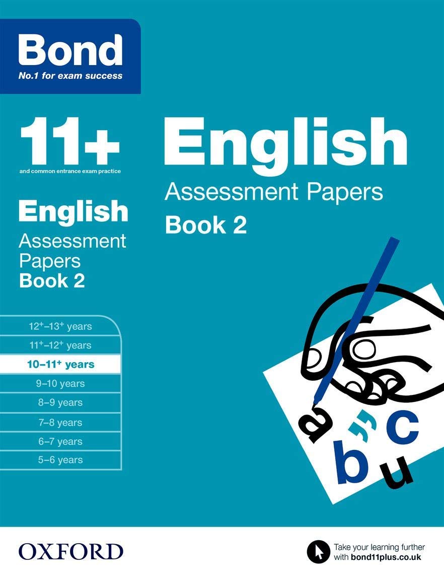 Close-up of Bond 11+ Assessment Papers Book 2 covers highlighting authors Sarah Lindsay and David Clemson in paperback format.