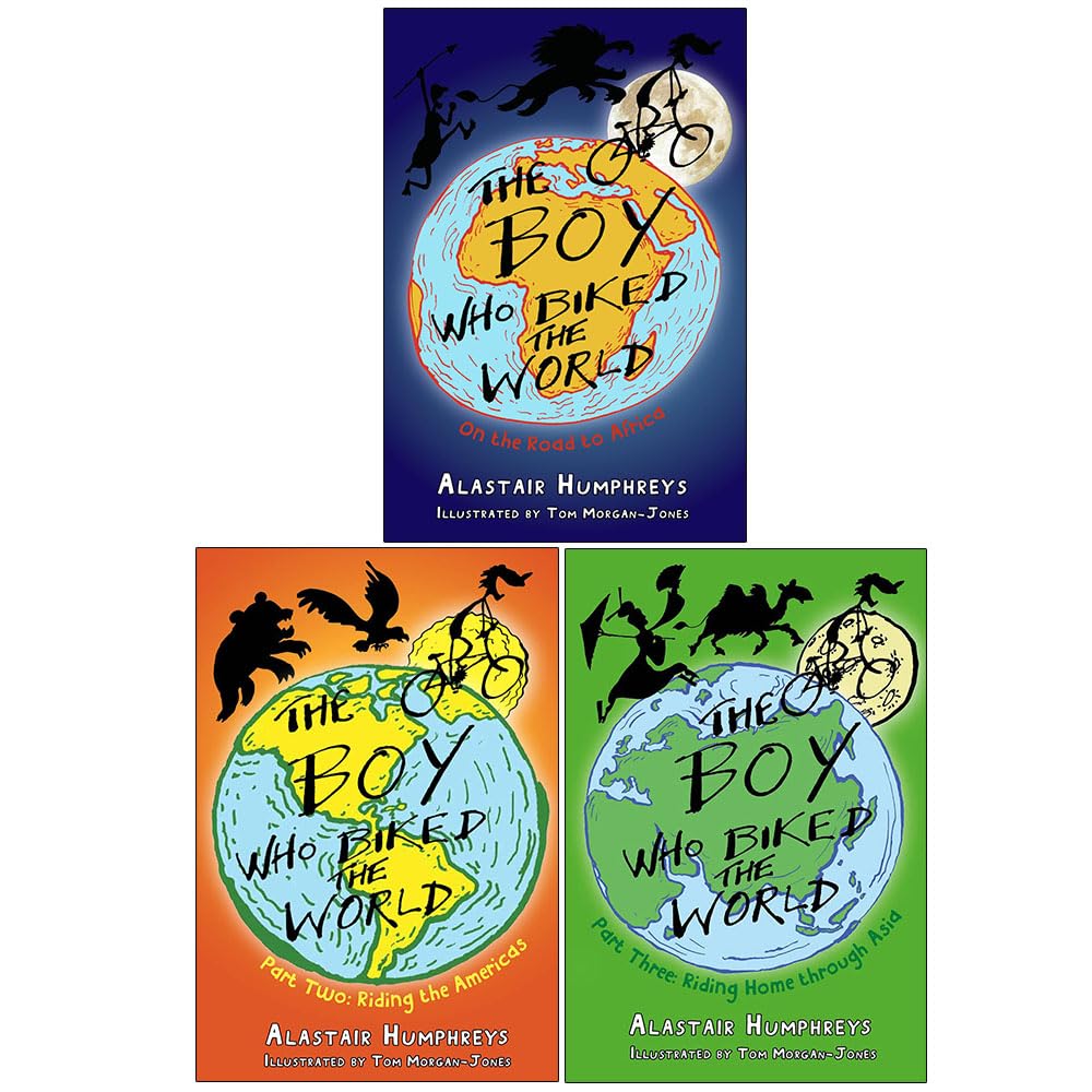 The Boy Who Biked the World 3 Books Collection Set by Alastair Humphreys - front covers of the paperback trilogy