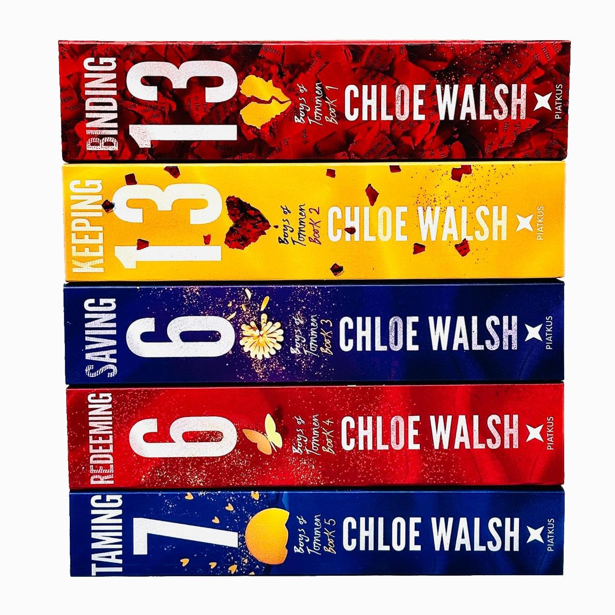 Close-up of the Boys of Tommen paperback book spines by Chloe Walsh, showing the titles and series branding across all five books.