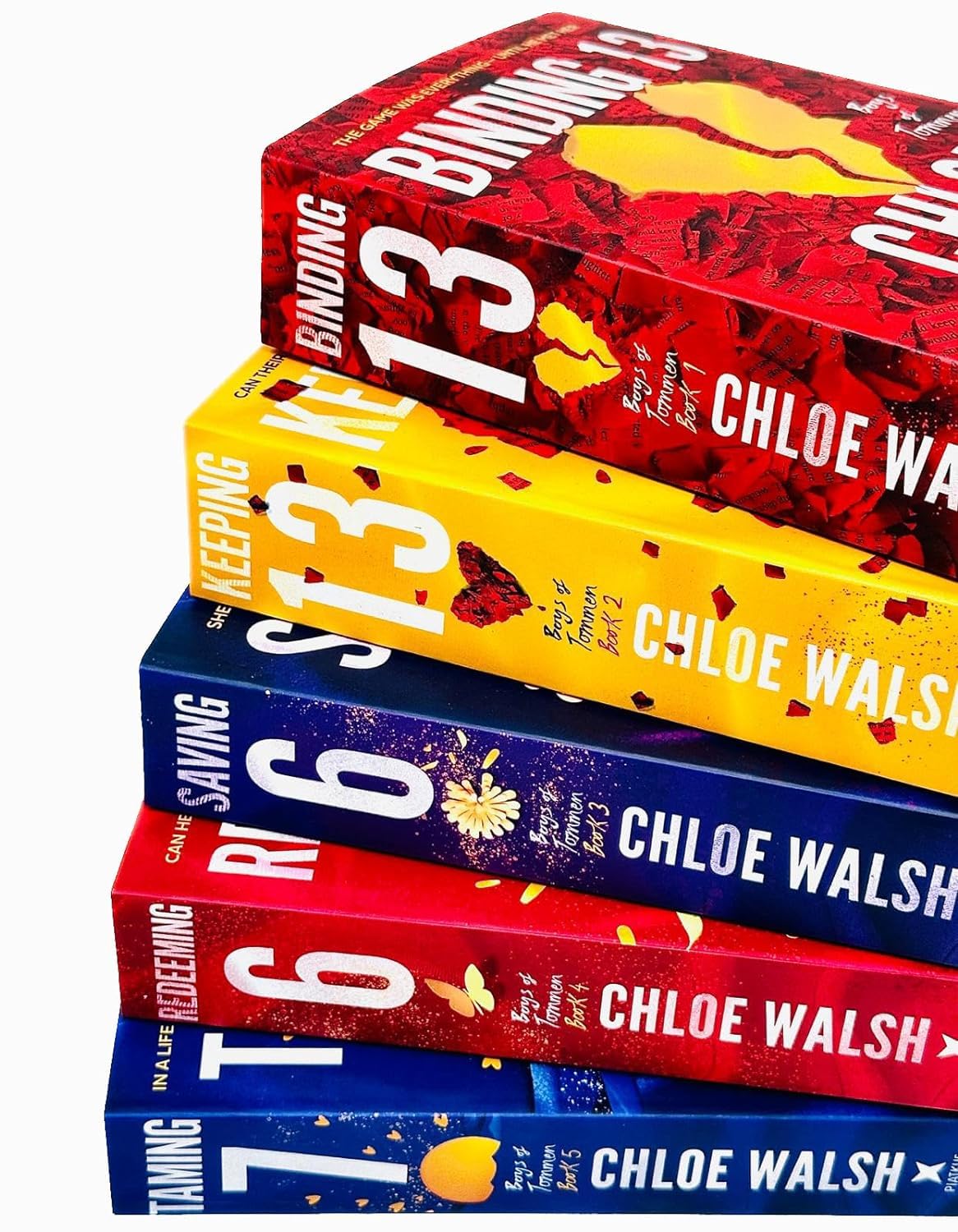 Angled view of the five Boys of Tommen paperback books by Chloe Walsh, published by Piatkus, stacked to show cover and spine detail.