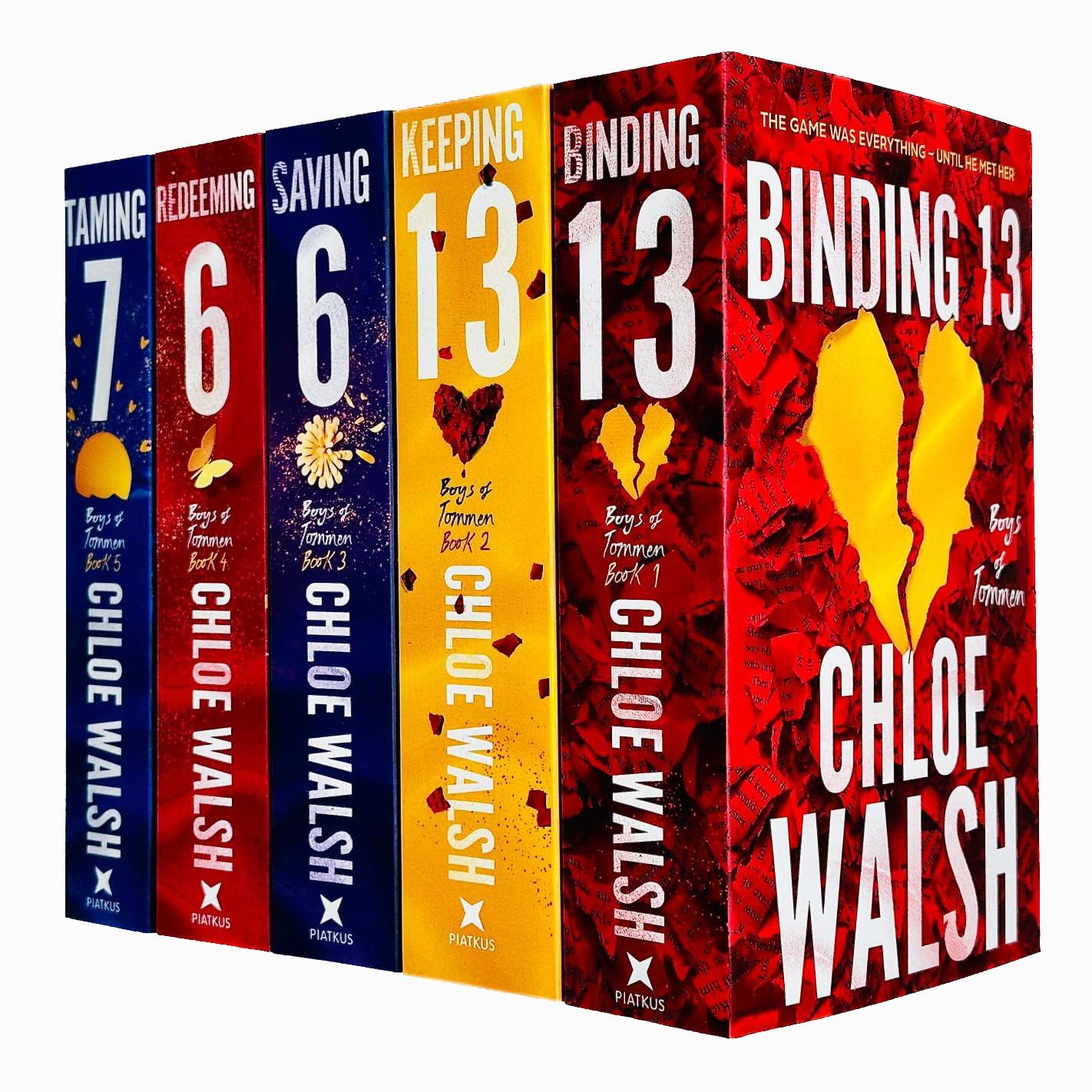 Front covers of the Boys of Tommen 5-book paperback collection set by Chloe Walsh, showing colorful cover art for Binding 13, Keeping 13, Saving 6, Redeeming 6, and Taming 7.